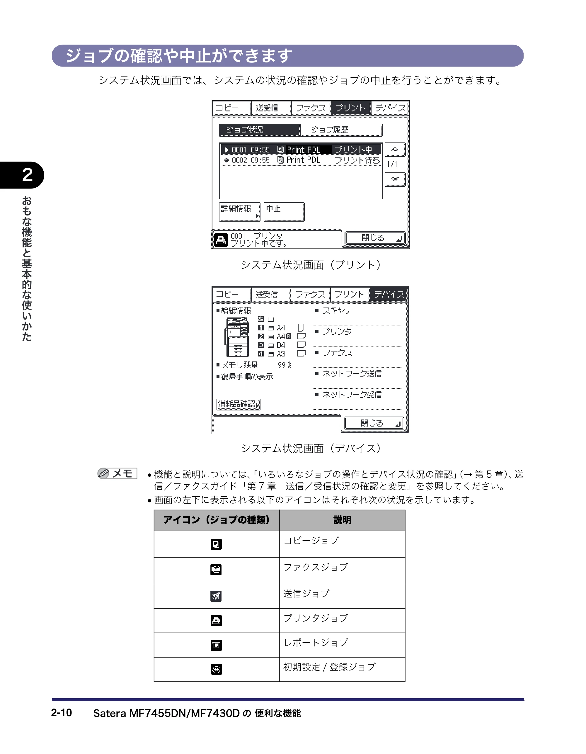 キヤノン MF7455DN/MF7430D ユーザーズガイド 2020年1月16日掲載（PDF：21.1MB） — ジョブの確認や中止ができます — 原本ページ — 66ページ