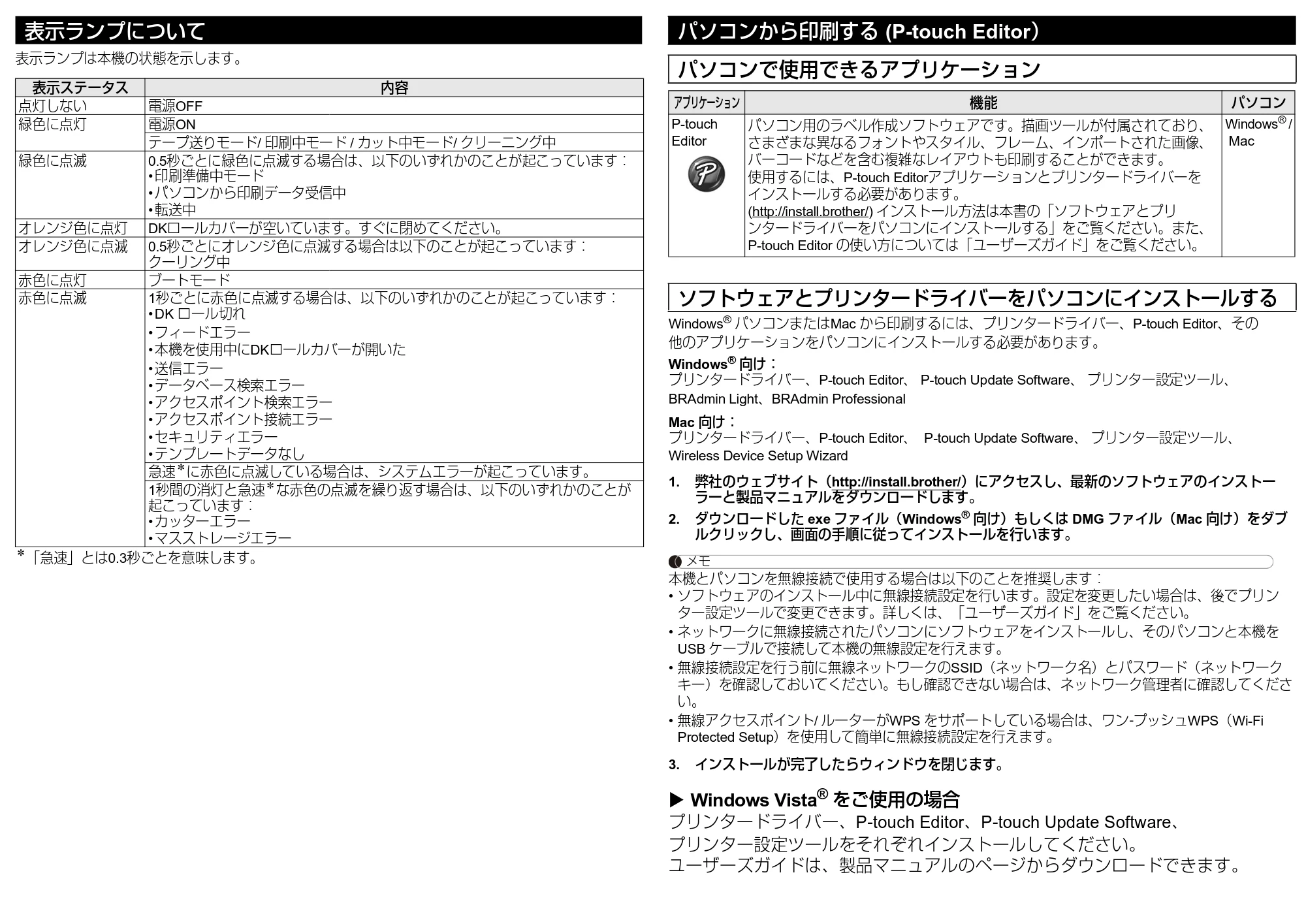 ブラザー QL-820NWB/ 820NWBc かんたん設置ガイド — 表示ランプについて — 原本ページ — 5ページ