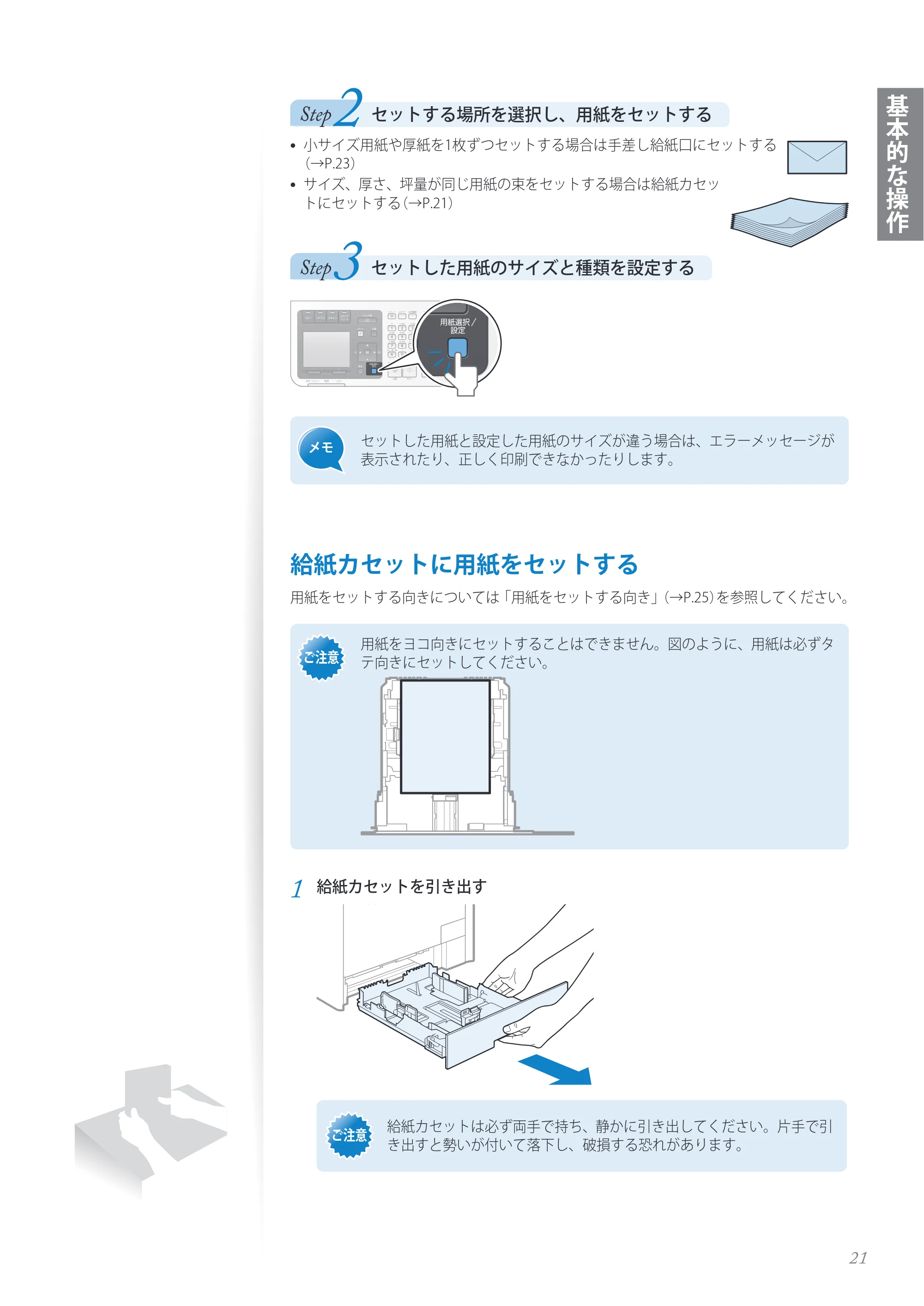 キヤノン MF8280Cw/MF8230Cn / MF8570Cdw/MF8530Cdn 基本操作ガイド 2013年9月5日更新(PDF:8.32MB) — 給紙カセットに用紙をセットする — 原本ページ — 21ページ