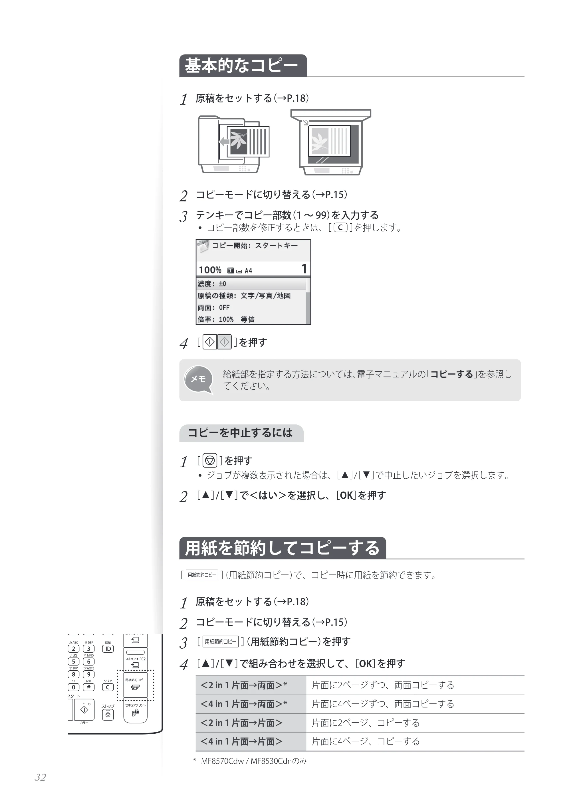 キヤノン MF8280Cw/MF8230Cn / MF8570Cdw/MF8530Cdn 基本操作ガイド 2013年9月5日更新（PDF：8.32MB） — 基本的なコピー — 原本ページ — 32ページ