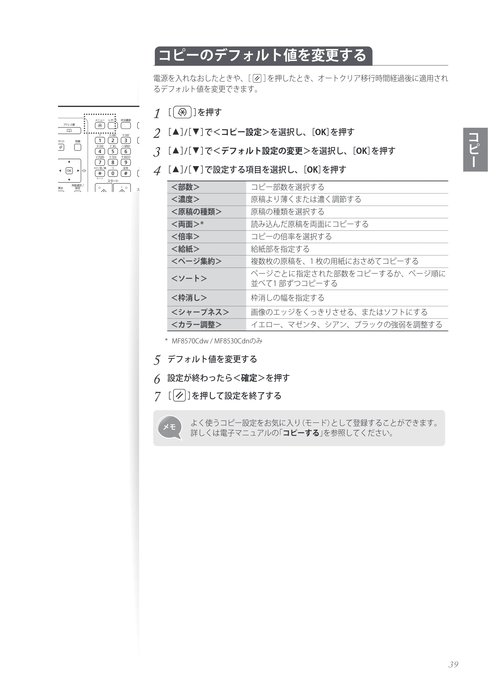 キヤノン MF8280Cw/MF8230Cn / MF8570Cdw/MF8530Cdn 基本操作ガイド 2013年9月5日更新（PDF：8.32MB） — コピーのデフォルト値を変更する — 原本ページ — 39ページ