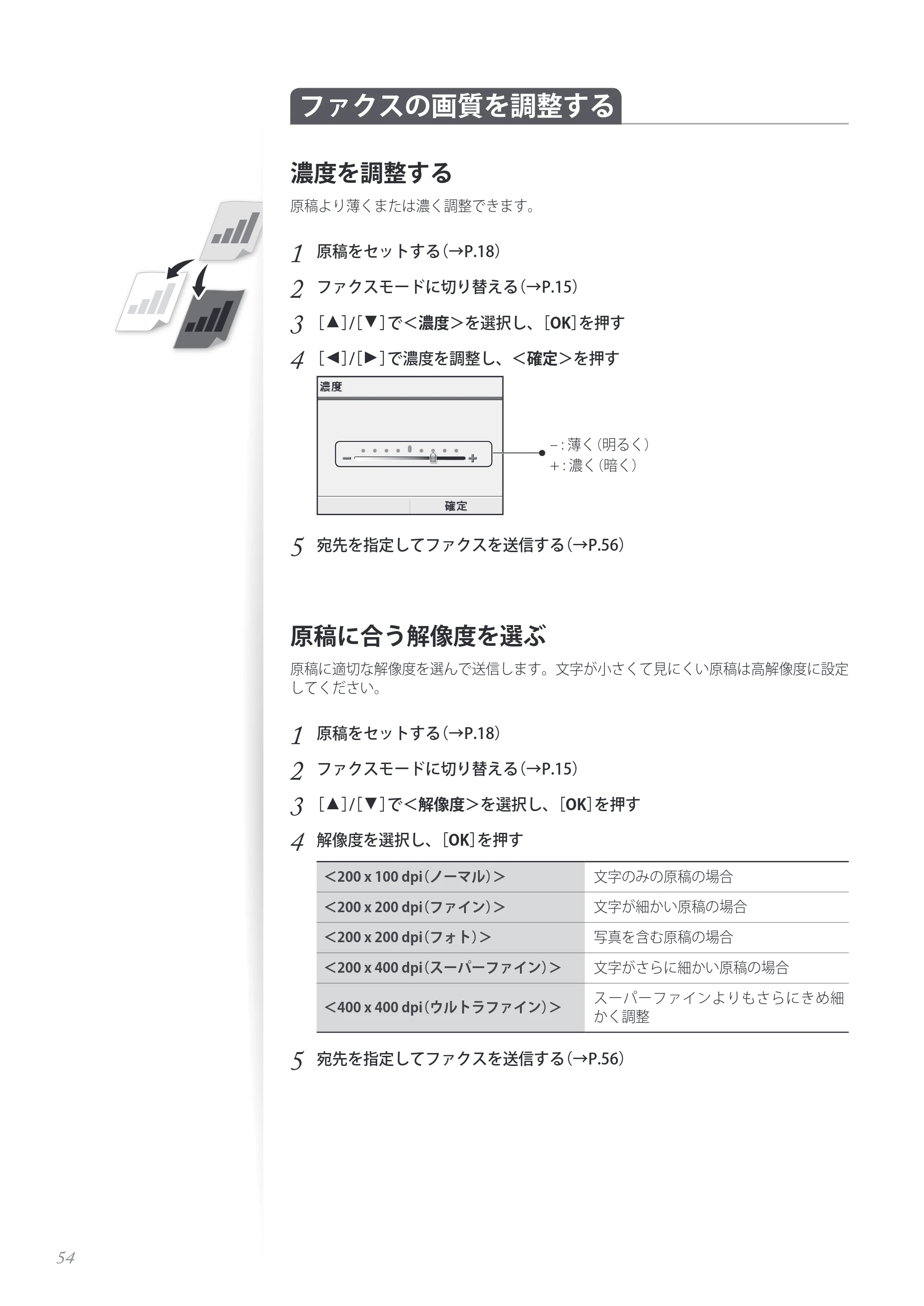 キヤノン MF8280Cw/MF8230Cn / MF8570Cdw/MF8530Cdn 基本操作ガイド 2013年9月5日更新（PDF：8.32MB） — ファクスの画質を調整する — 原本ページ — 54ページ