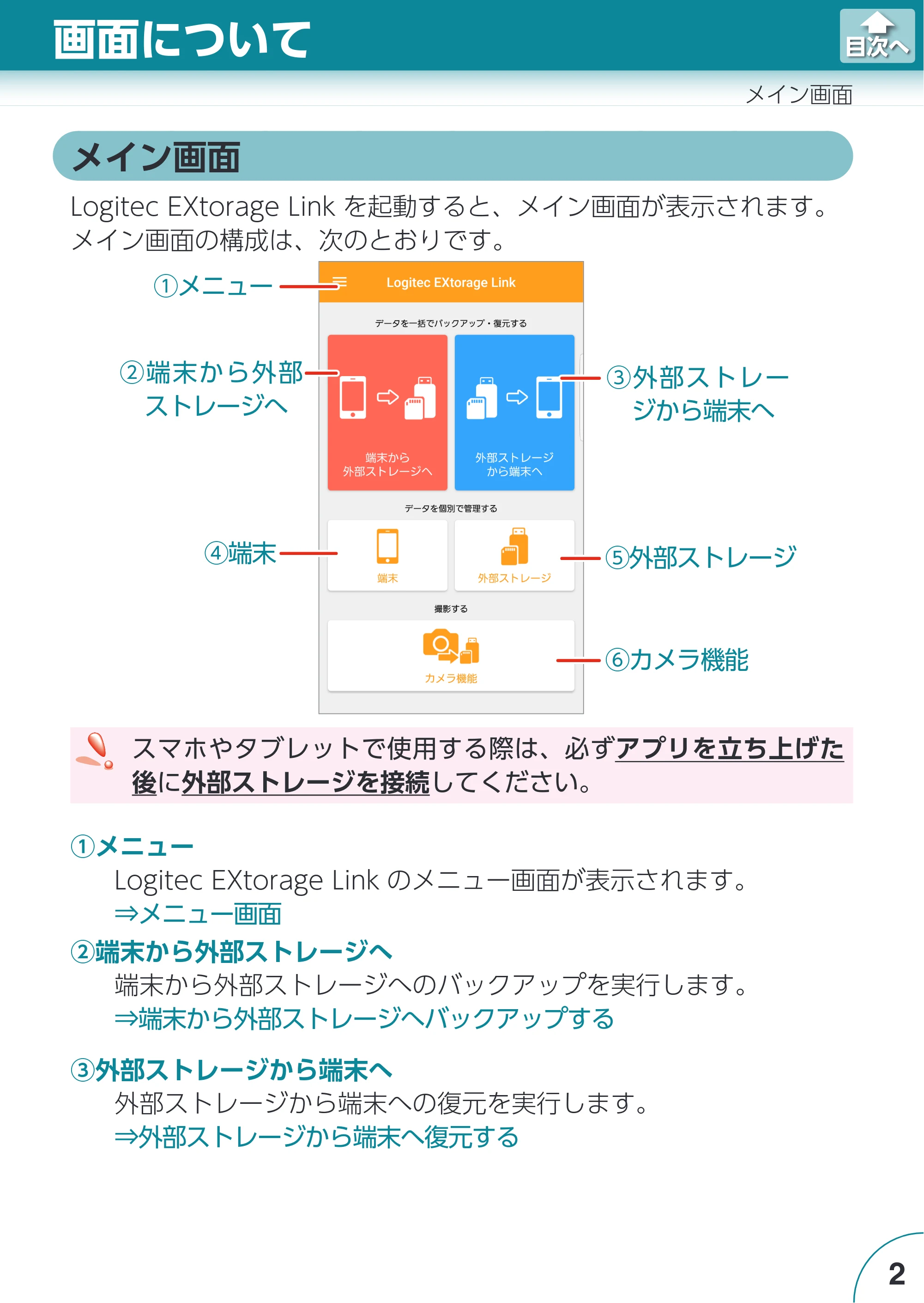 エレコム LMF-LGU3A016GBK / LMF-LGU3A032GBK / LMF-LGU3A064GBK Extorage Link for Android ユーザーズガイド — メイン画面 — 原本ページ — 2ページ