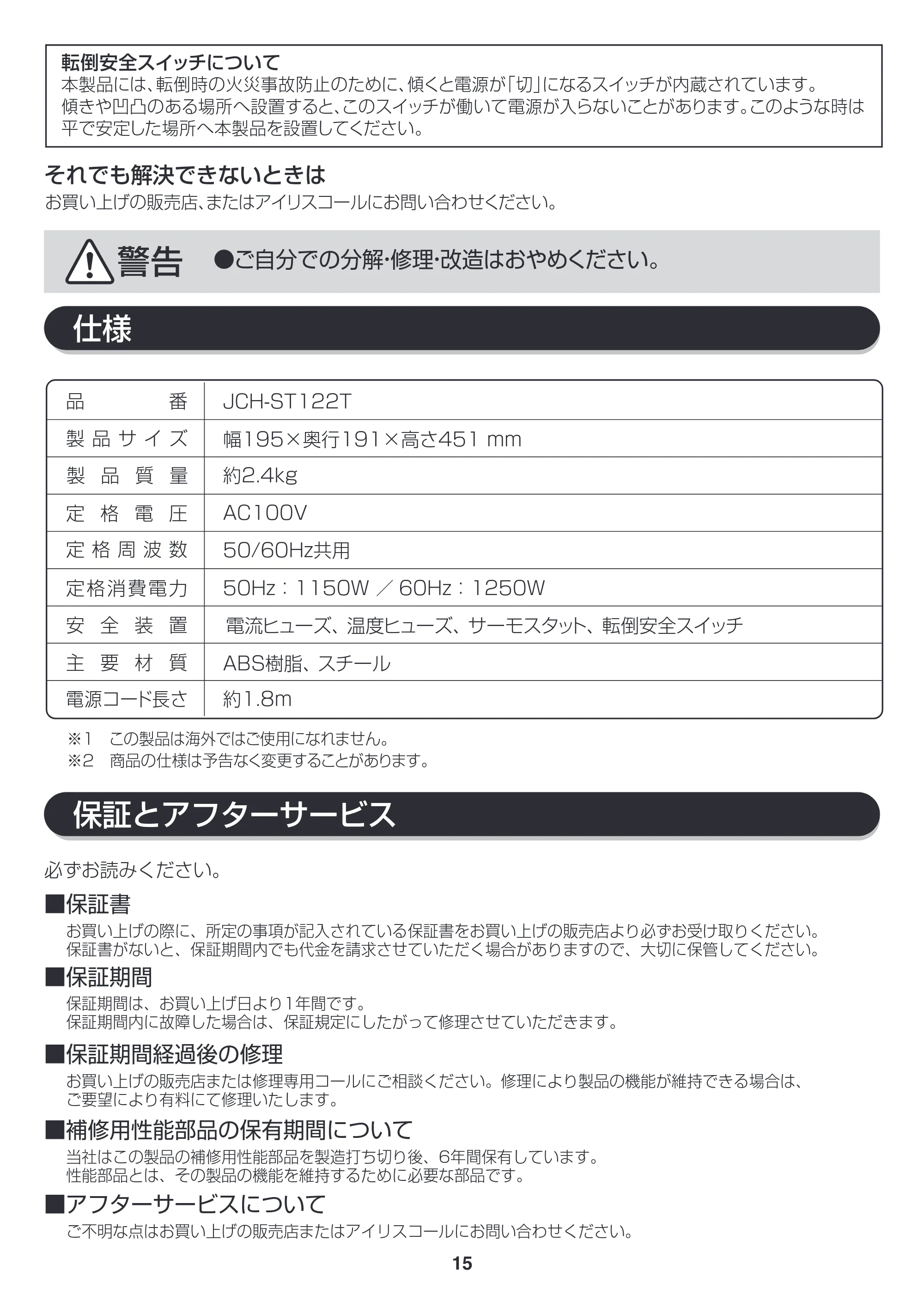 アイリスオーヤマ JCH-ST122T 取扱説明書 — 原本ページ — 15ページ