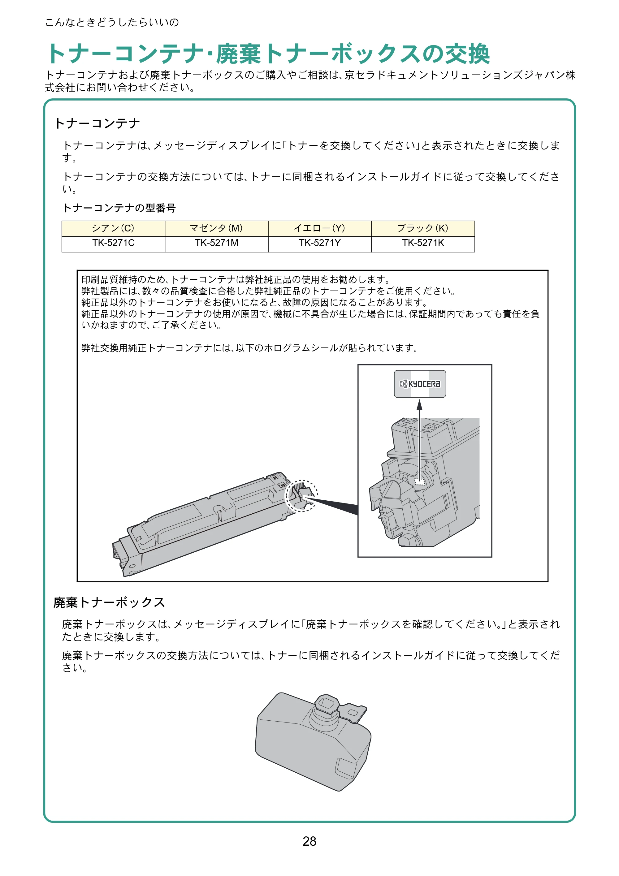 京セラ ECOSYS P6230cdn ECOSYS P6230cdn クイックガイド — トナーコンテナ・廃棄トナーボックスの交換 — 原本ページ — 28ページ