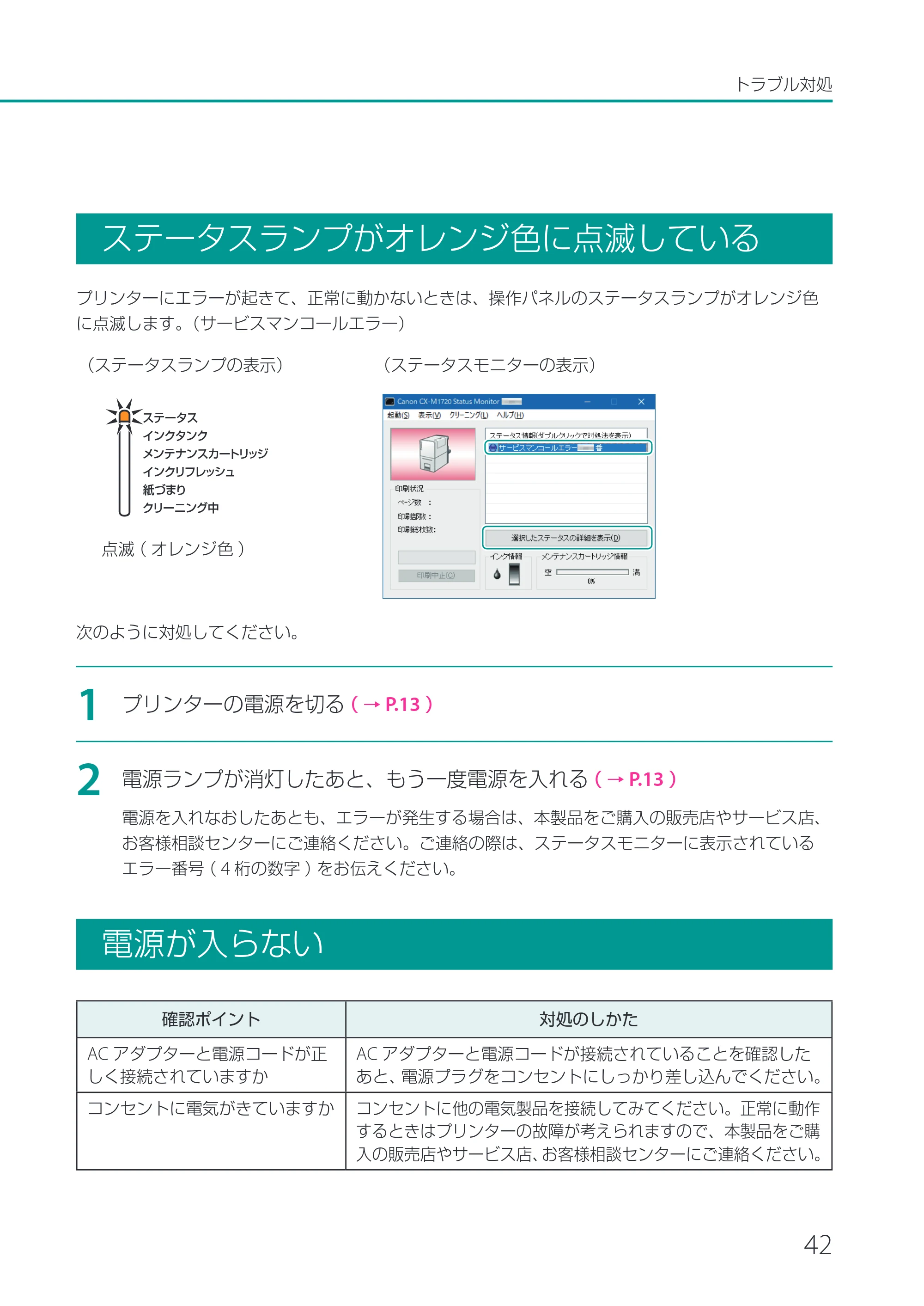 キヤノン CX-M1720 CX-M1720 基本操作ガイド 2024年8月1日更新（PDF：10.7MB） — ステータスランプがオレンジ色に点滅している — 原本ページ — 45ページ
