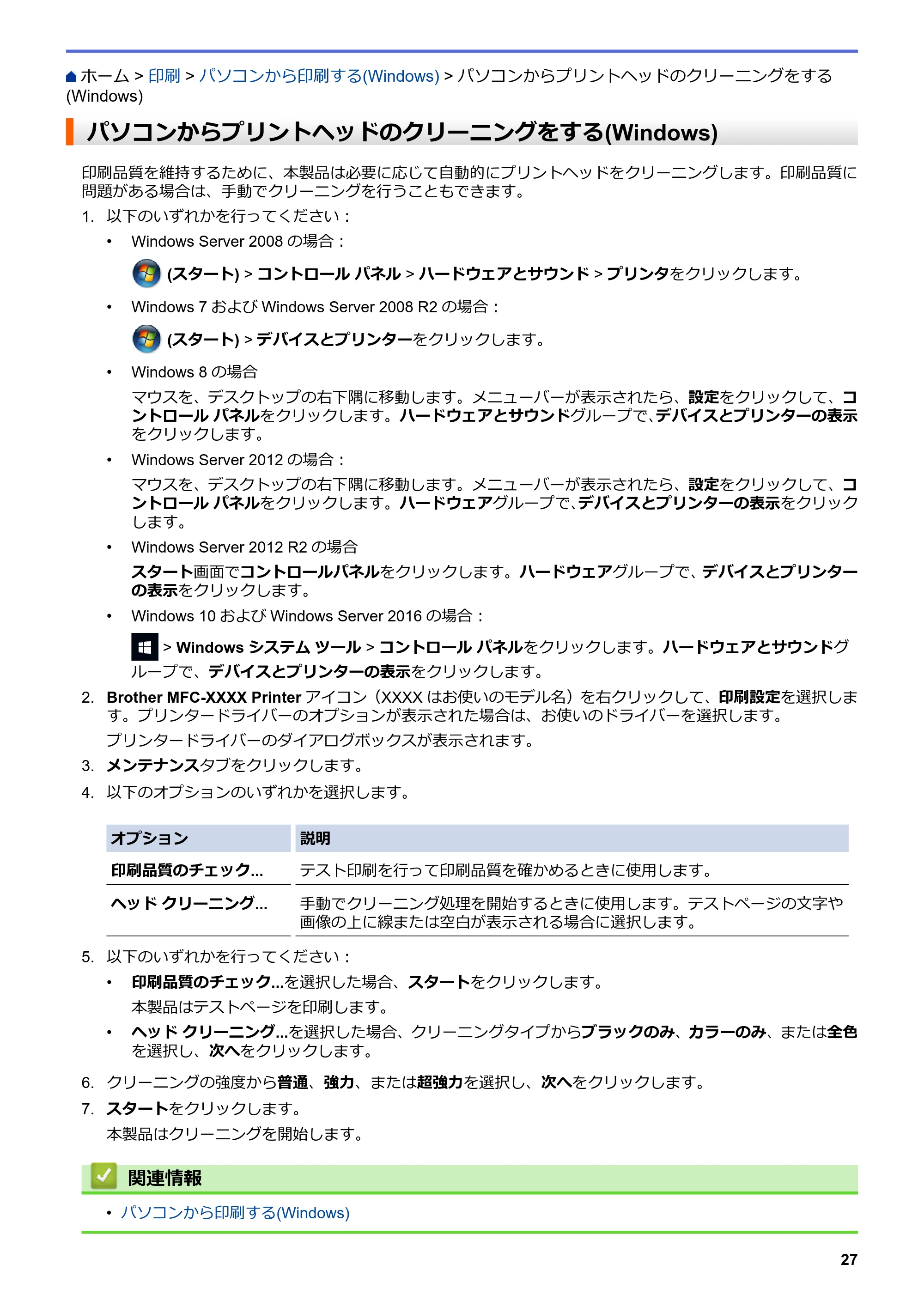 ブラザー DCP-J988N / MFC-J1500N / MFC-J1605DN ユーザーズガイド(印刷用) ~パソコン活用&ネットワーク~ — パソコンからプリントヘッドのクリーニングをする(Windows) — 原本ページ — 32ページ