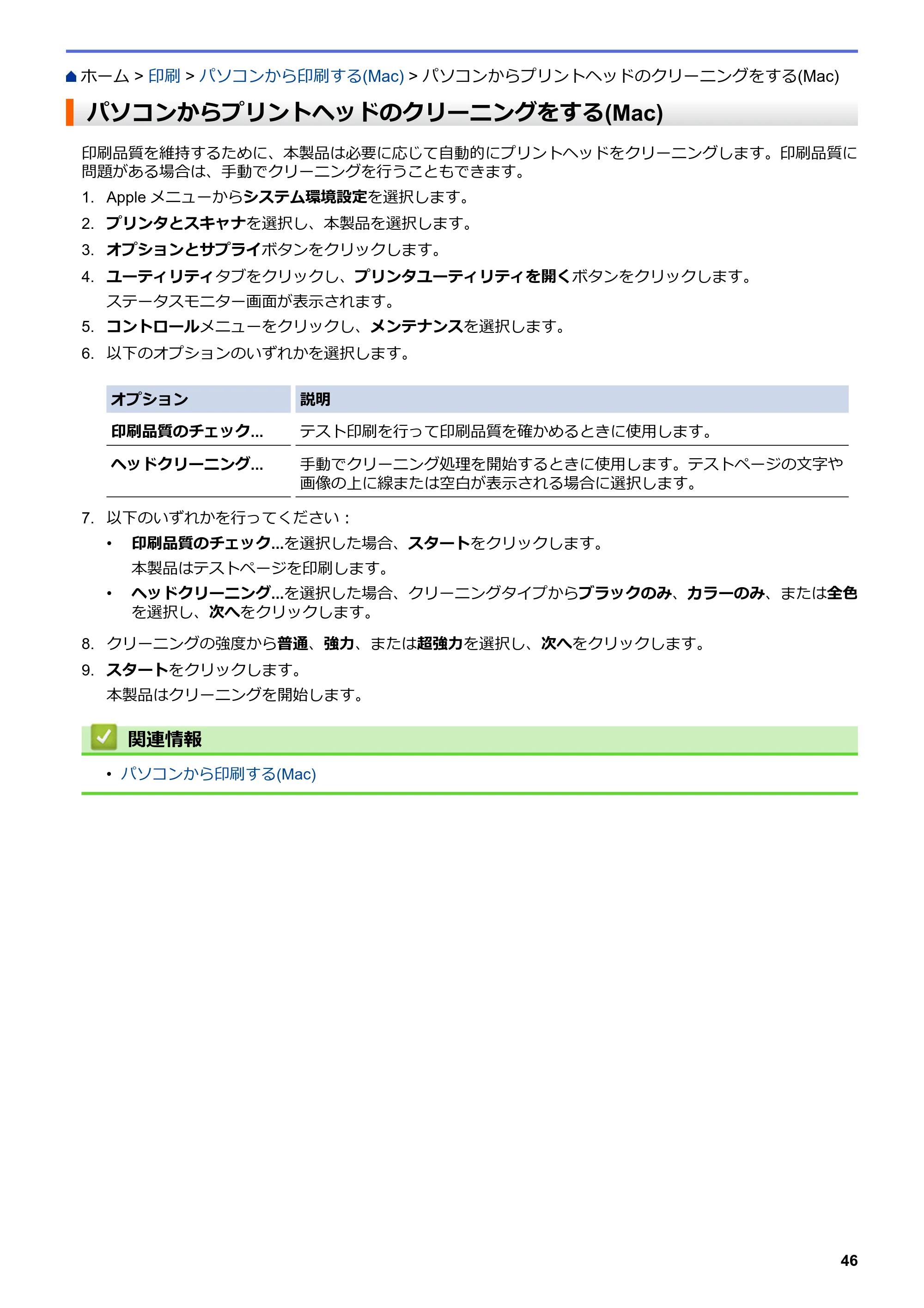 ブラザー DCP-J988N / MFC-J1500N / MFC-J1605DN ユーザーズガイド(印刷用) ~パソコン活用&ネットワーク~ — パソコンからプリントヘッドのクリーニングをする(Mac) — 原本ページ — 51ページ