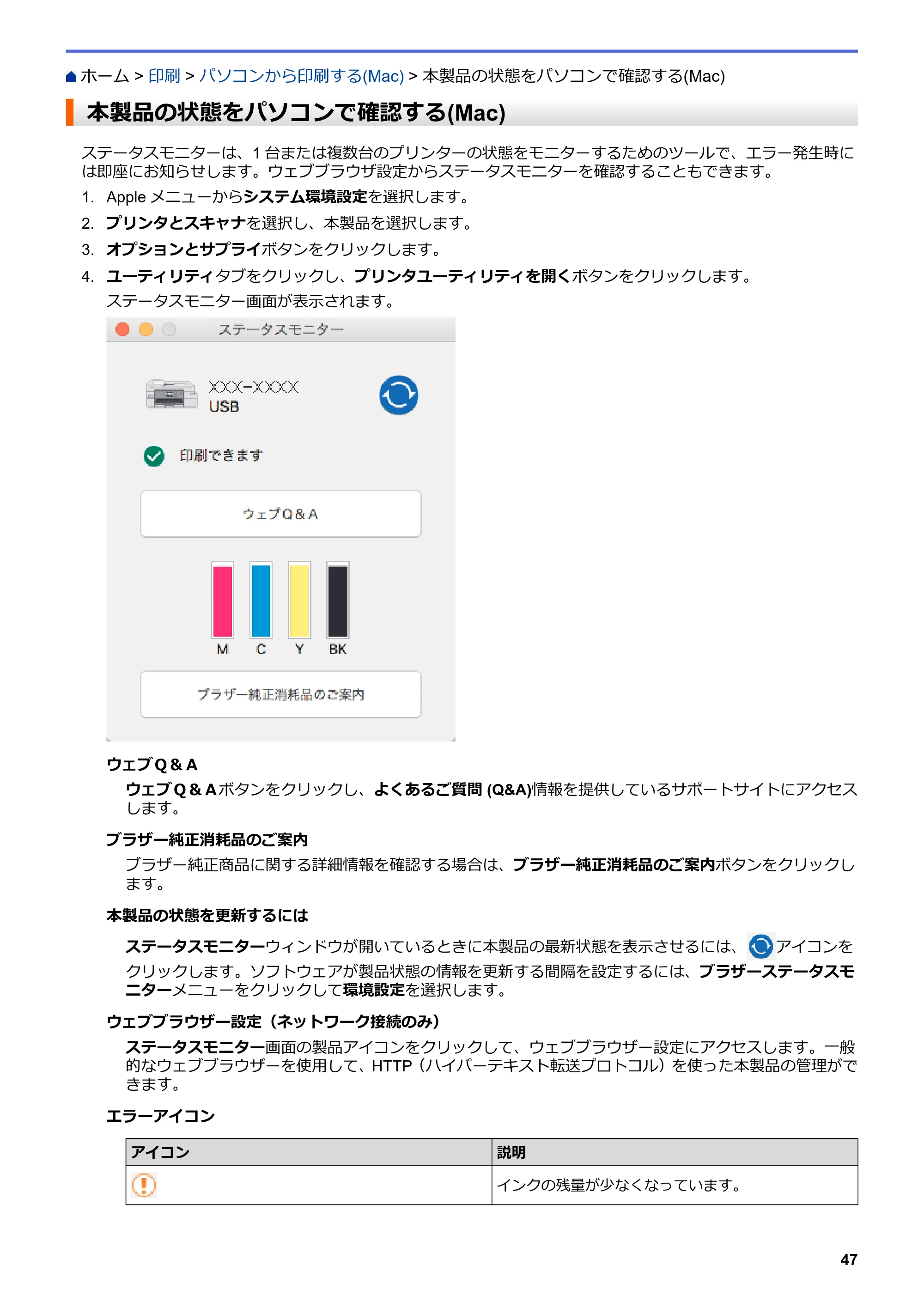 ブラザー DCP-J988N / MFC-J1500N / MFC-J1605DN ユーザーズガイド(印刷用) ~パソコン活用&ネットワーク~ — 本製品の状態をパソコンで確認する(Mac) — 原本ページ — 52ページ