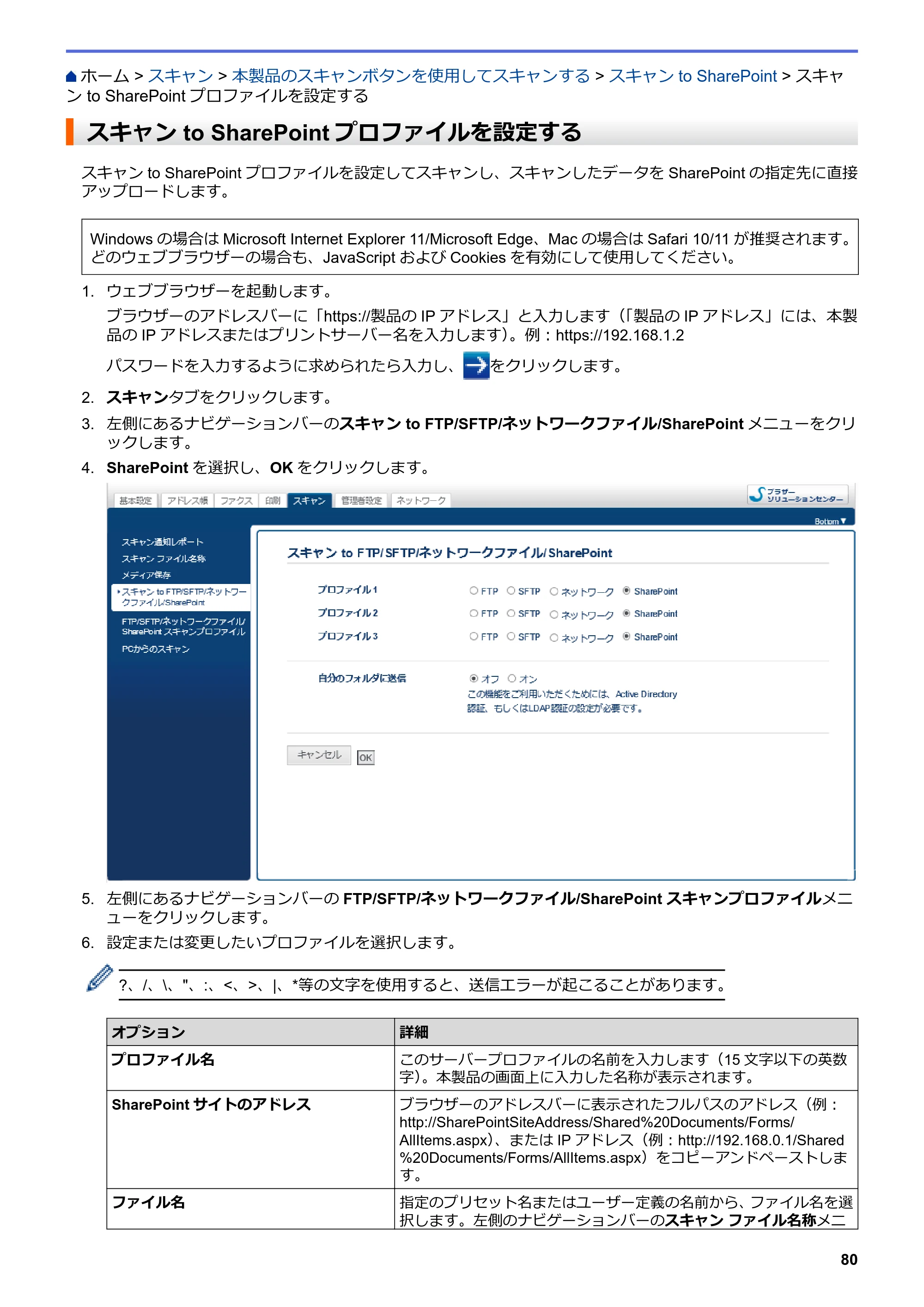 ブラザー DCP-J988N / MFC-J1500N / MFC-J1605DN ユーザーズガイド(印刷用) ~パソコン活用&ネットワーク~ — スキャン to SharePointプロファイルを設定する — 原本ページ — 85ページ