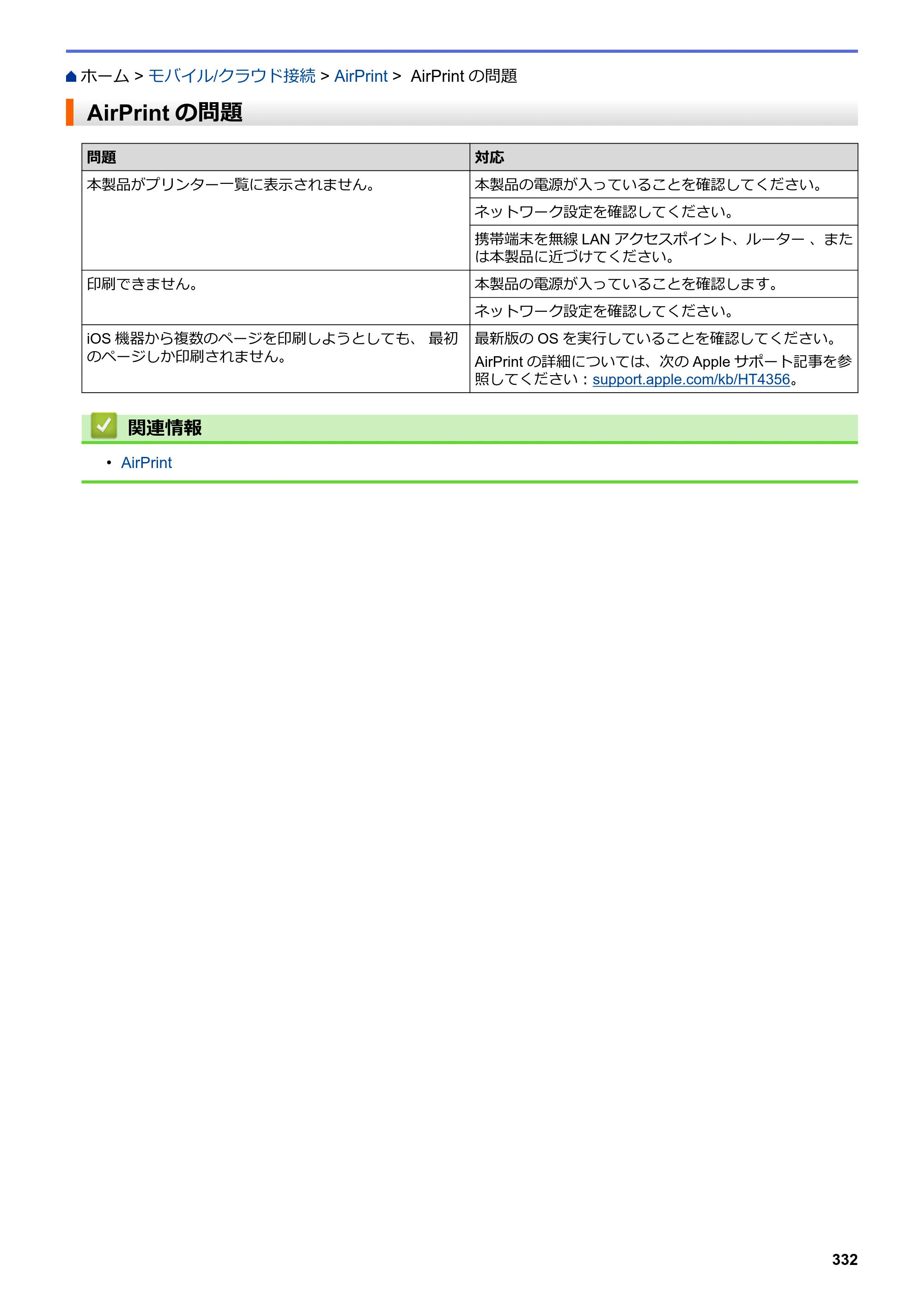 ブラザー DCP-J988N / MFC-J1500N / MFC-J1605DN ユーザーズガイド（印刷用） ～パソコン活用＆ネットワーク～ — AirPrintの問題 — 原本ページ — 337ページ