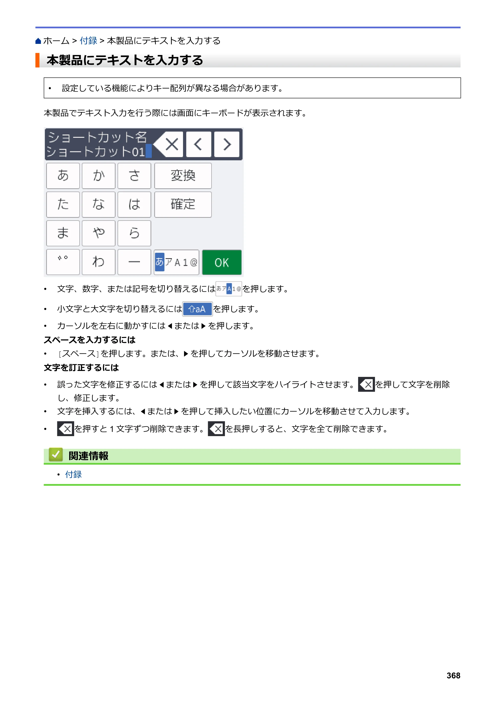 ブラザー DCP-J988N / MFC-J1500N / MFC-J1605DN ユーザーズガイド（印刷用） ～パソコン活用＆ネットワーク～ — 本製品にテキストを入力する — 原本ページ — 373ページ