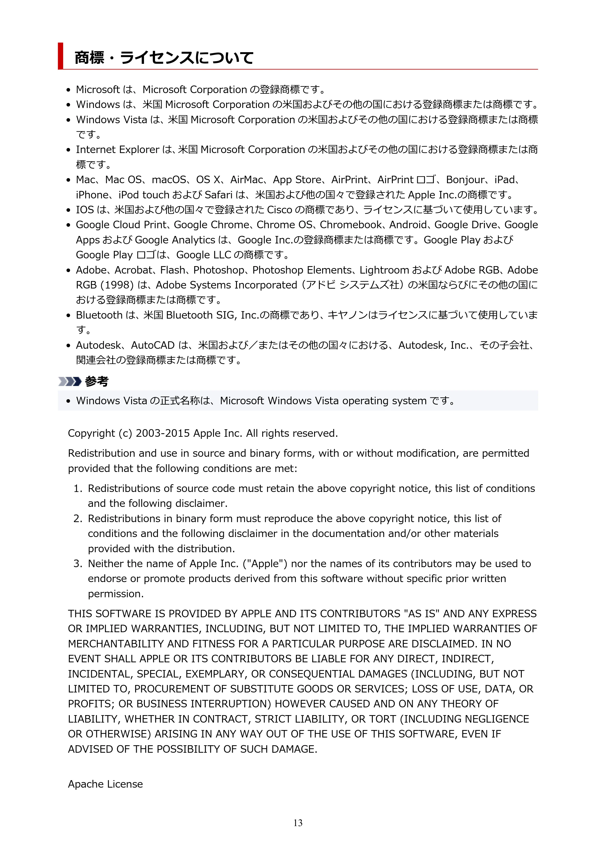 キヤノン TR9530 電子マニュアル PDF版 (Windows版)(PDF:17.8MB) — 商標・ライセンスについて — 原本ページ — 13ページ
