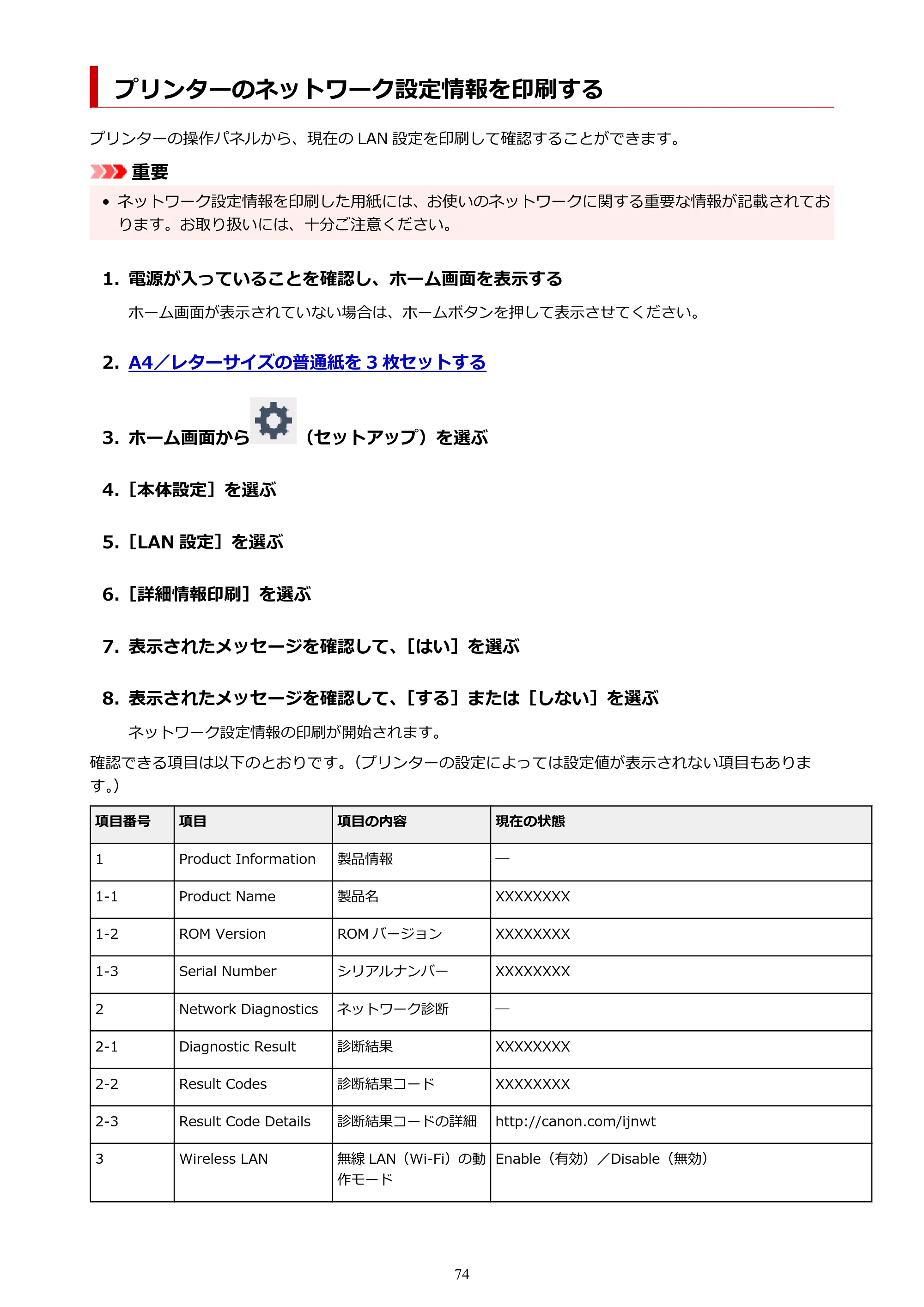 キヤノン TR9530 電子マニュアル PDF版 (Windows版)(PDF:17.8MB) — プリンターのネットワーク設定情報を印刷する — 原本ページ — 74ページ