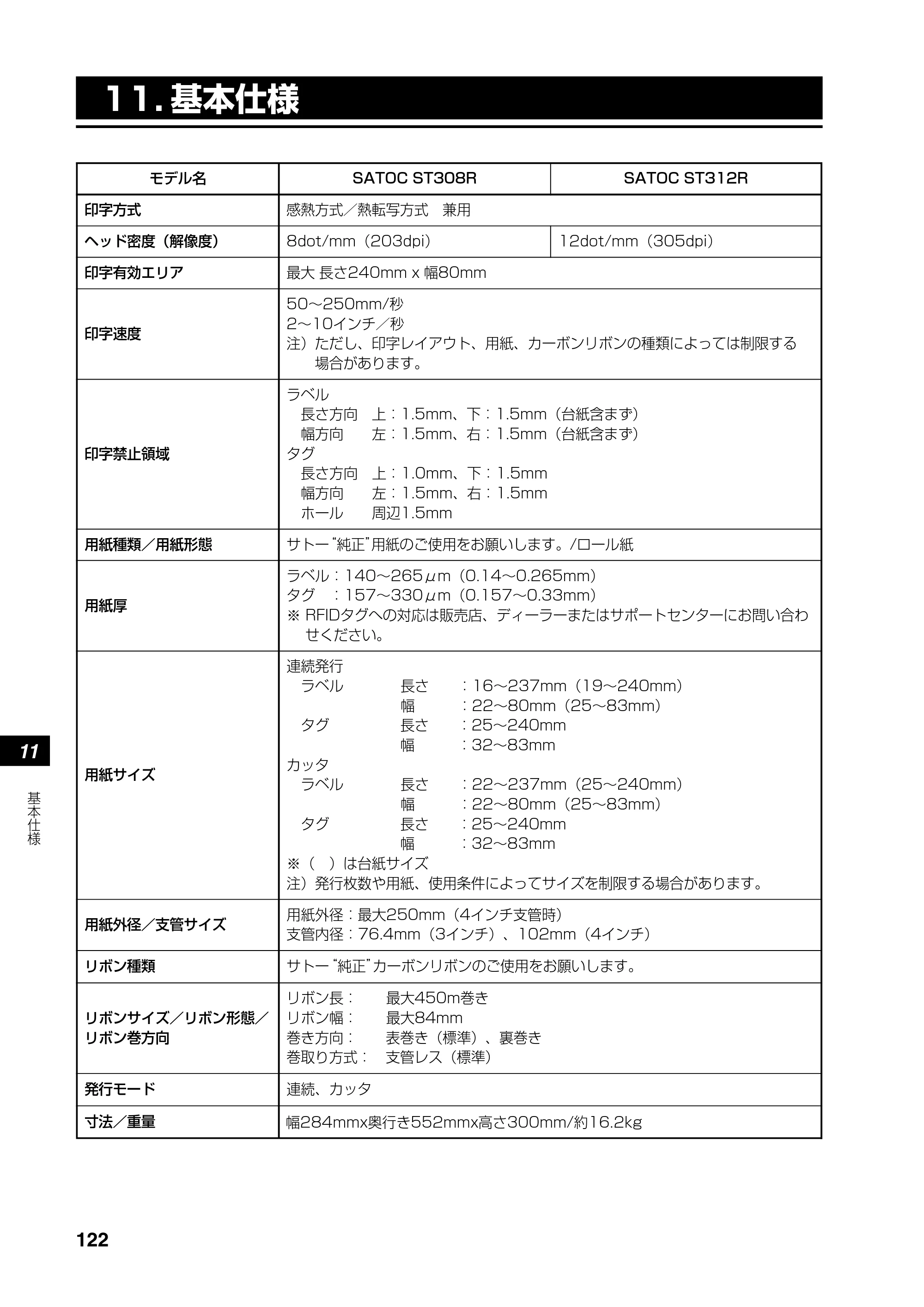 サトー SATOC(サトック) ST308R / 312R / ATOC(サトック) ST308R / 312R 取扱説明書（第5版） — 11. 基本仕様 — 原本ページ — 124ページ