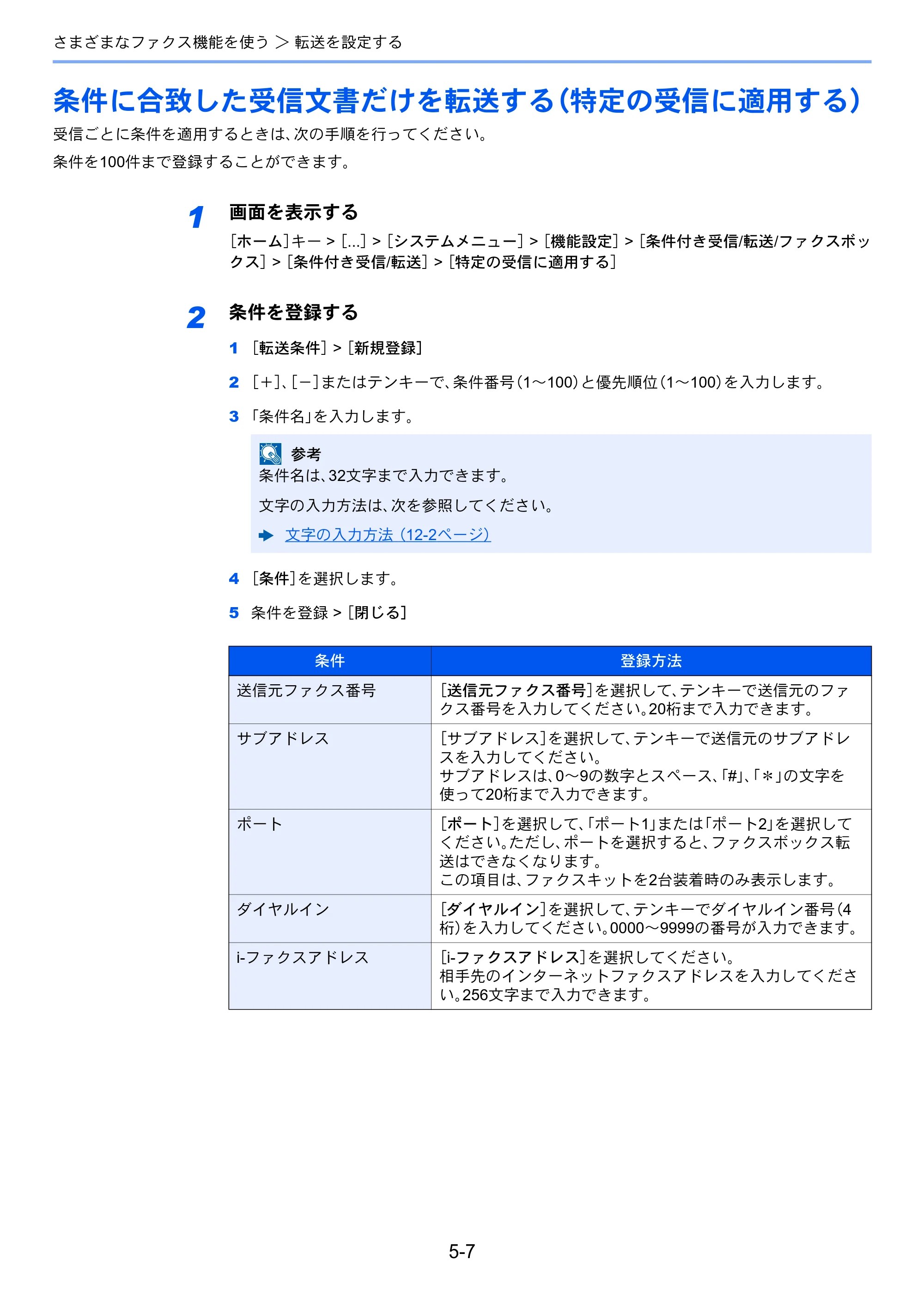 京セラ TASKalfa 2554ci / TASKalfa 3554ci / TASKalfa 4054ci TASKalfa 7004i/6003i/5004i FAX使用説明書 — 条件に合致した受信文書だけを転送する（特定の受信に適用する） — 原本ページ — 102ページ