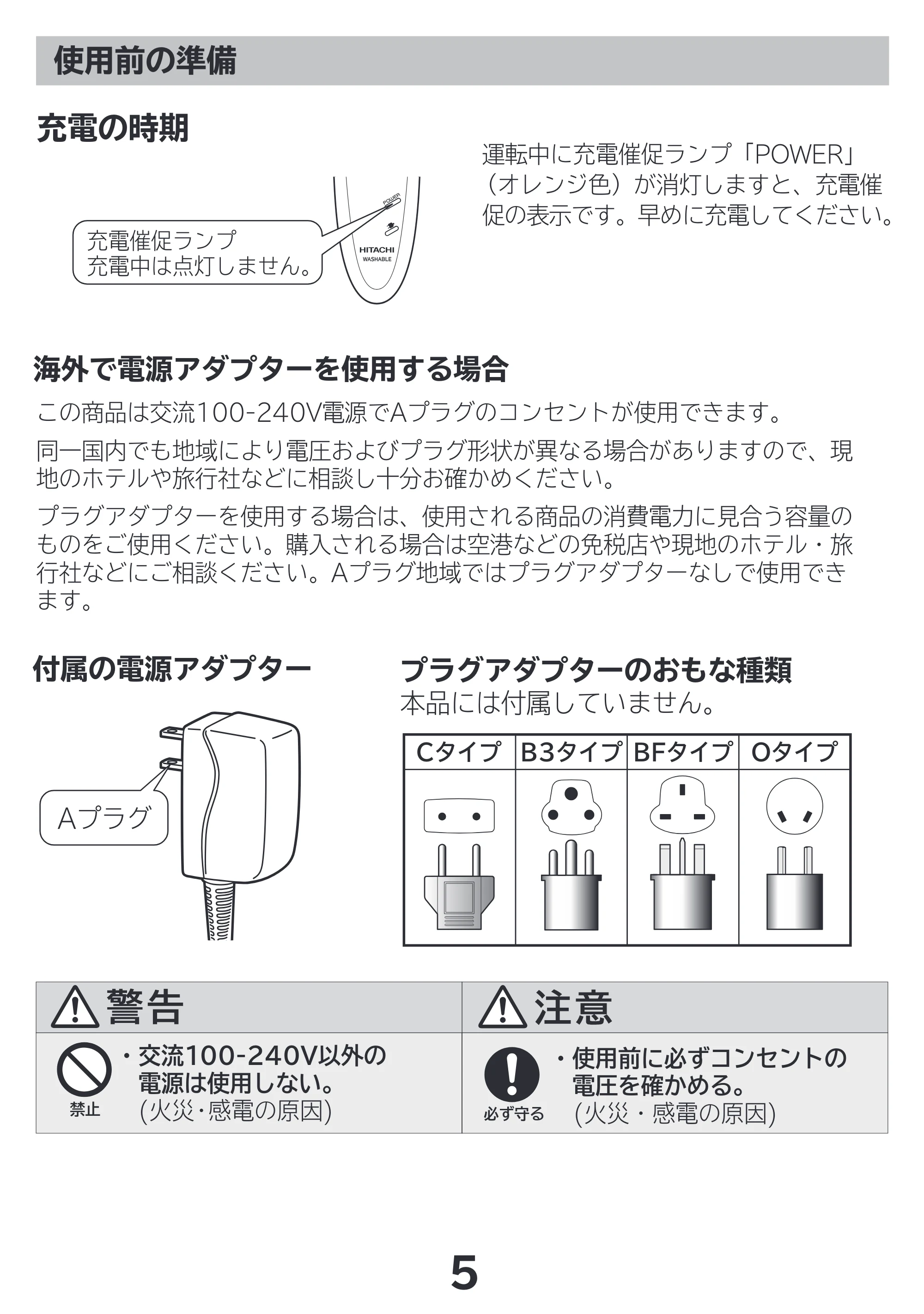 日立 RM-LF400Y 取扱説明書 — 充電の時期 — 原本ページ — 5ページ