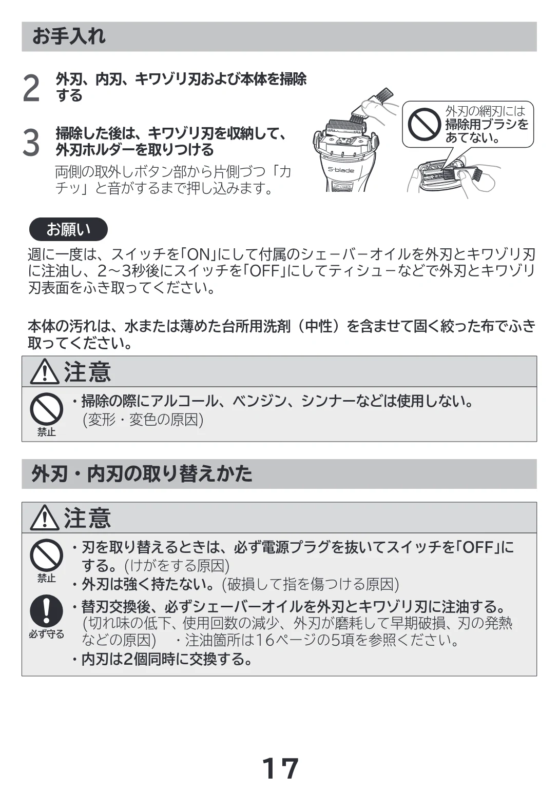 日立 RM-LF400Y 取扱説明書 — 外刃・内刃の取り替えかた — 図版 17-1 — 17ページ