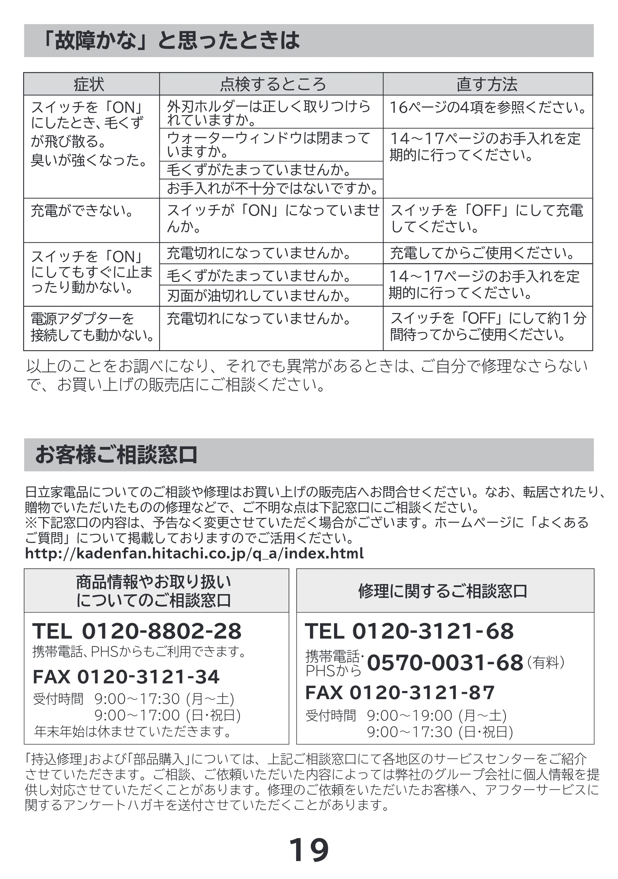 日立 RM-LF400Y 取扱説明書 — お客様ご相談窓口 — 原本ページ — 19ページ