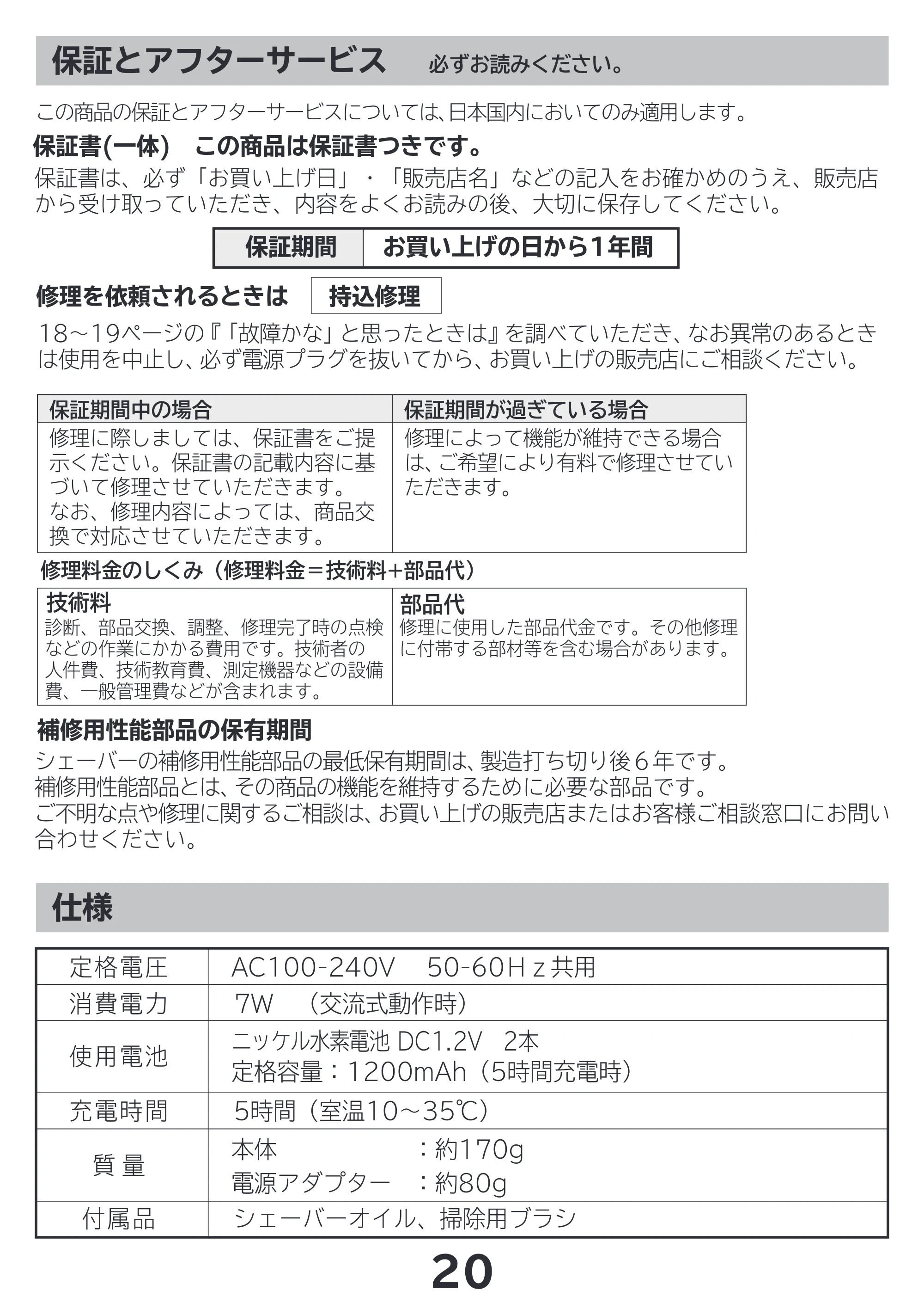 日立 RM-LF400Y 取扱説明書 — 保証とアフターサービス — 原本ページ — 20ページ