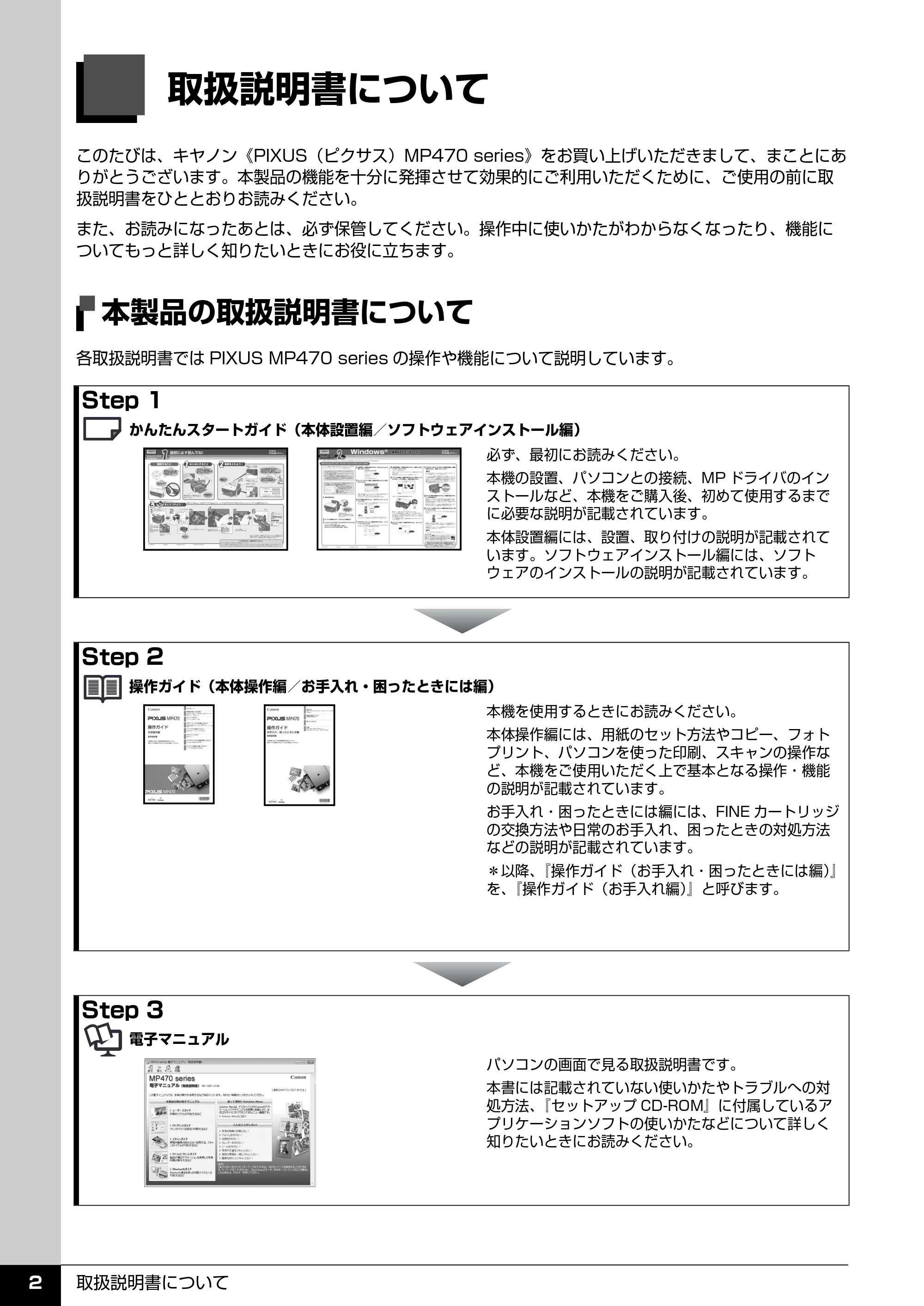 キヤノン PIXUS MP470 操作ガイド(本体操作編) (PDF形式/6.03Mバイト) — 取扱説明書について — 原本ページ — 4ページ