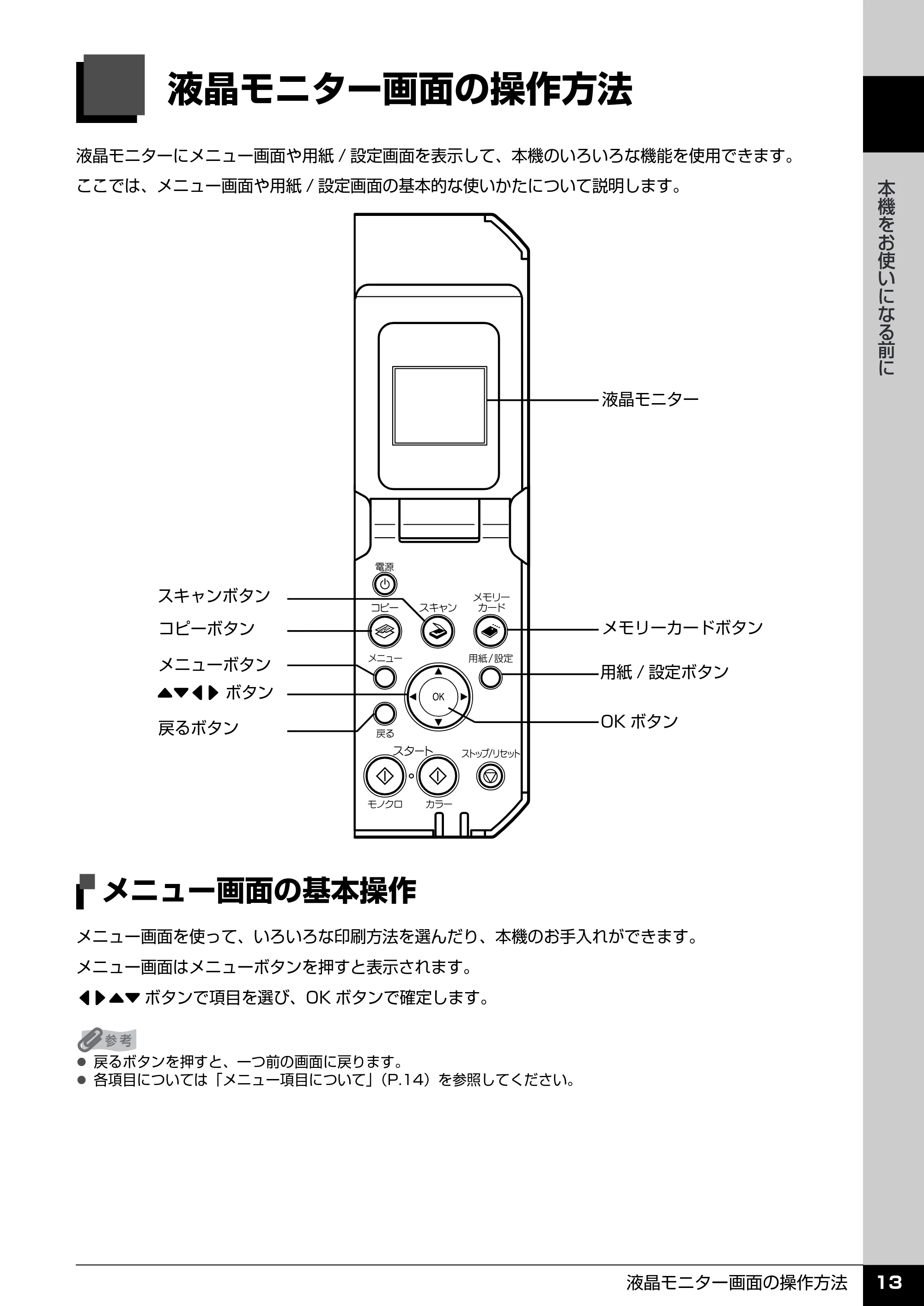 キヤノン PIXUS MP470 操作ガイド（本体操作編） （PDF形式／6.03Mバイト） — 液晶モニター画面の操作方法 — 原本ページ — 15ページ