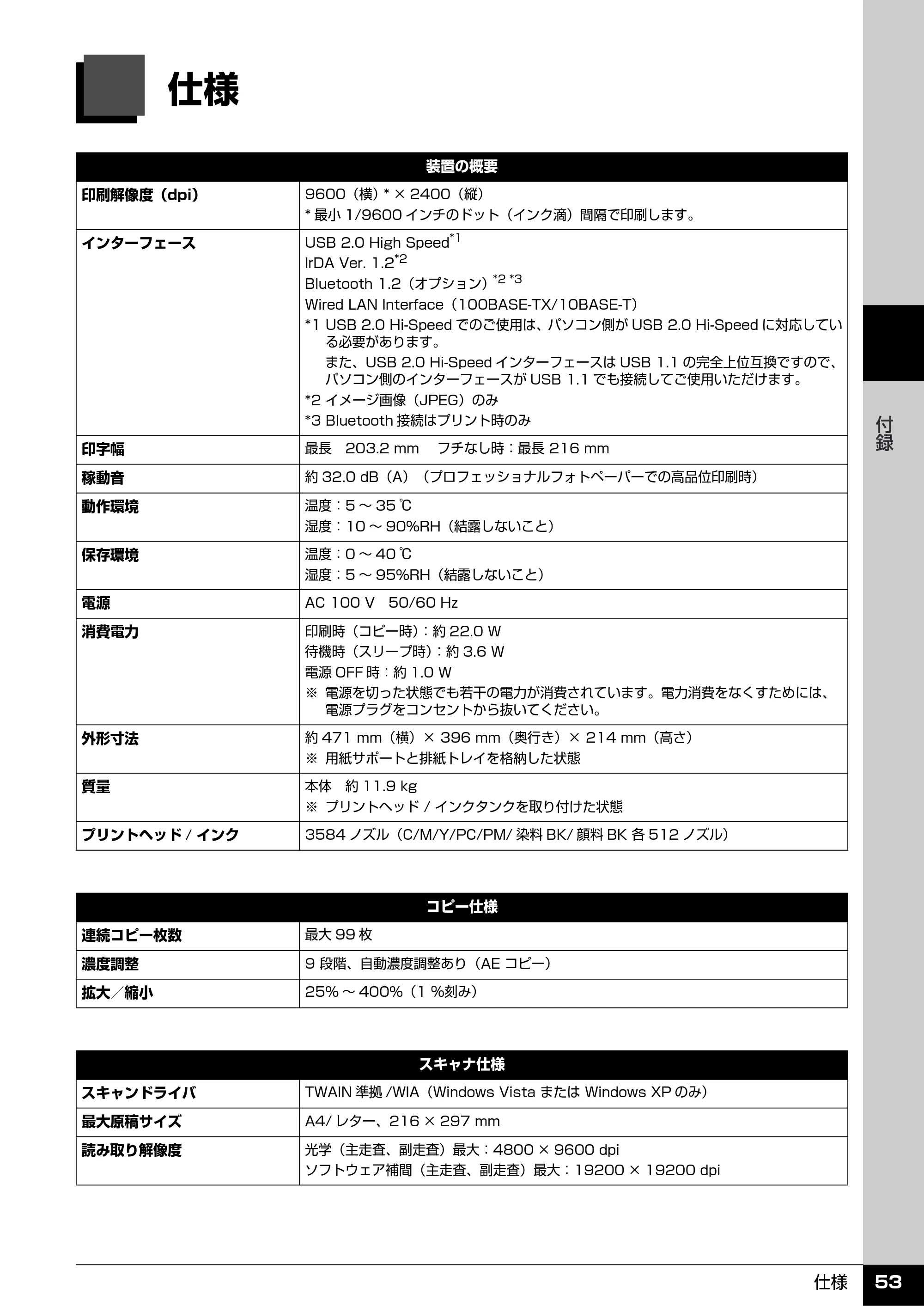 キヤノン PIXUS MP970 操作ガイド（お手入れ編） （PDF形式／13.16Mバイト） — 仕様 — 原本ページ — 54ページ