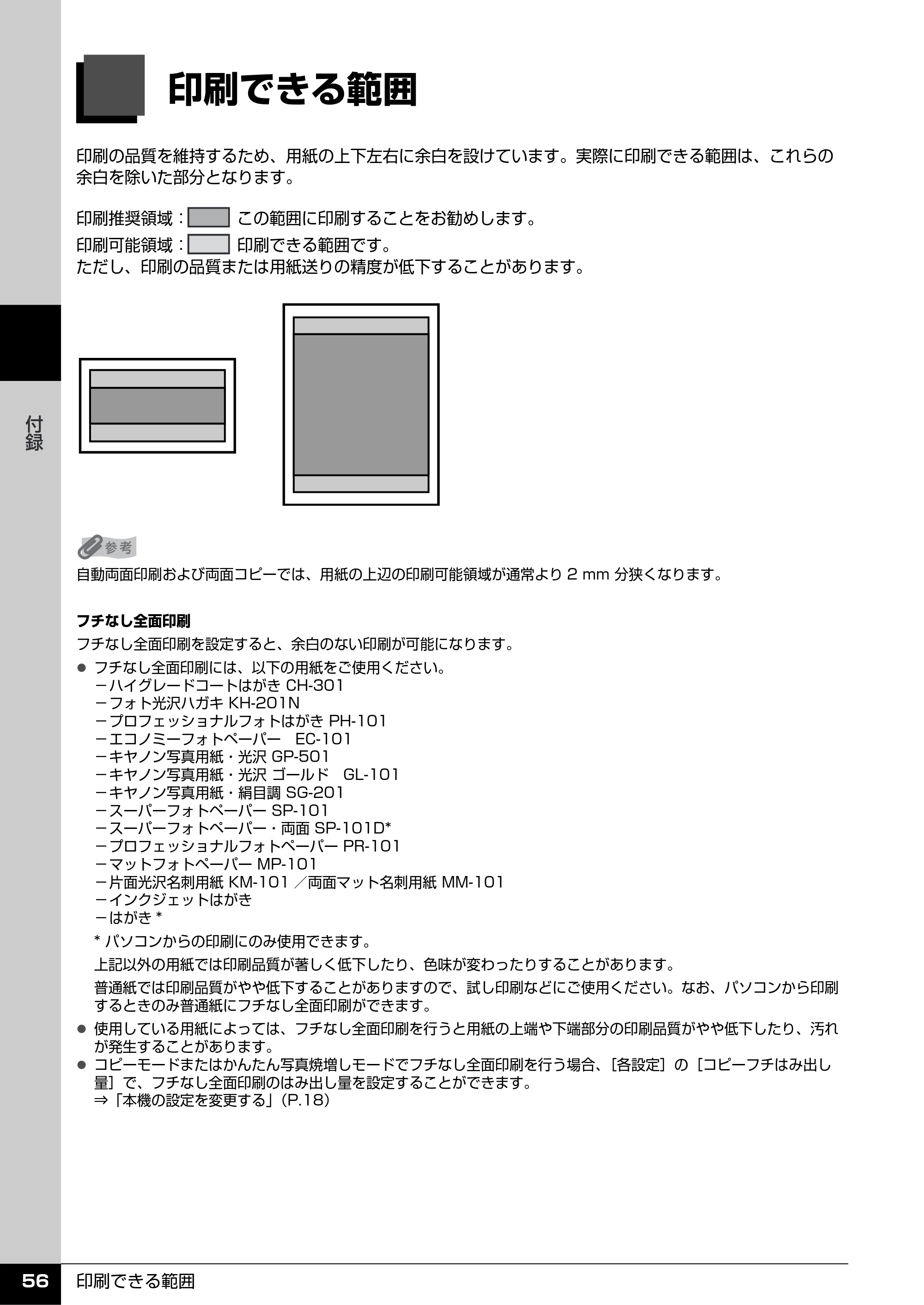 キヤノン PIXUS MP970 操作ガイド（お手入れ編） （PDF形式／13.16Mバイト） — 印刷できる範囲 — 原本ページ — 57ページ