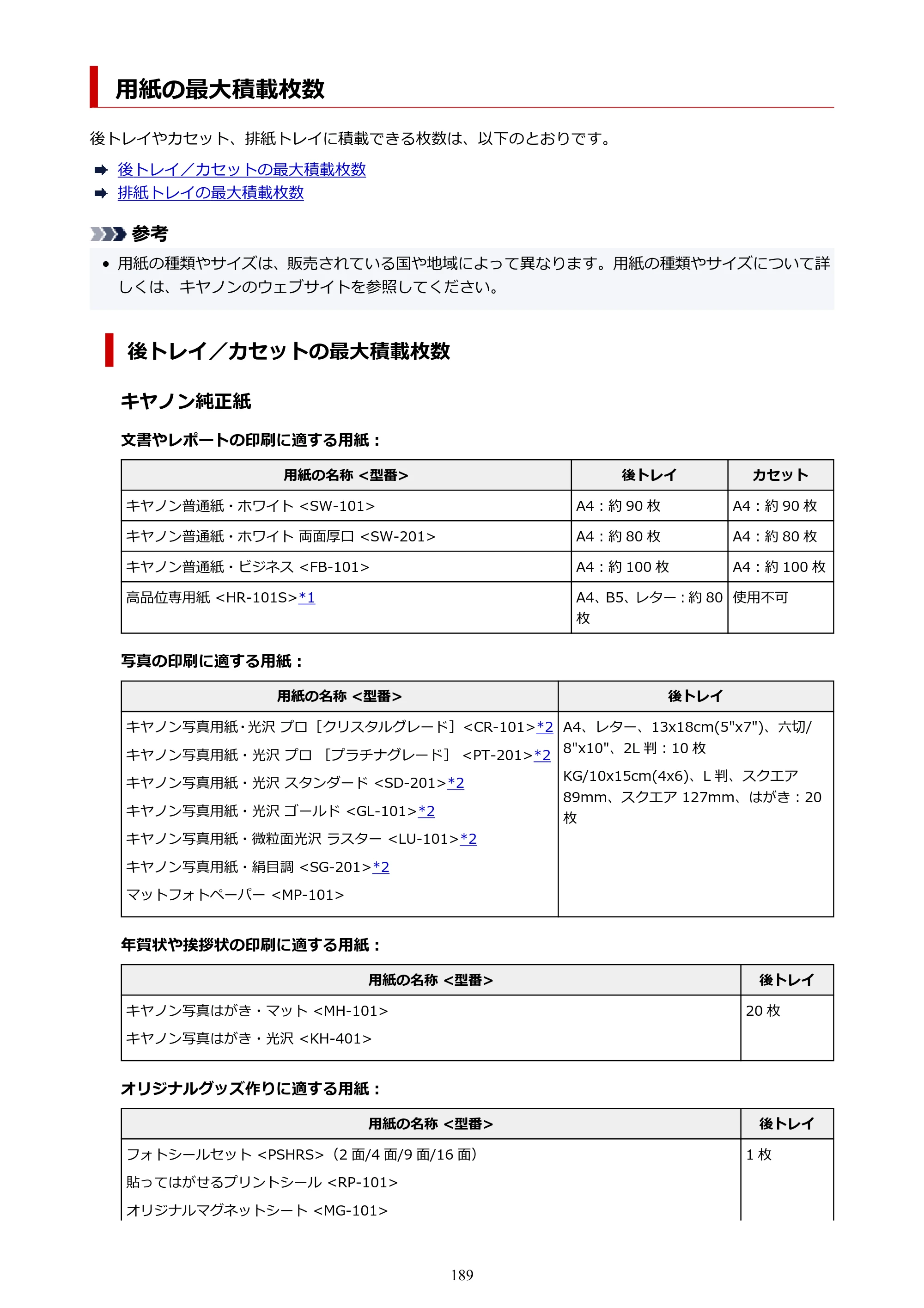 キヤノン PIXUS TS5430 オンラインマニュアル PDF版（Windows版） — 用紙の最大積載枚数 — 原本ページ — 189ページ