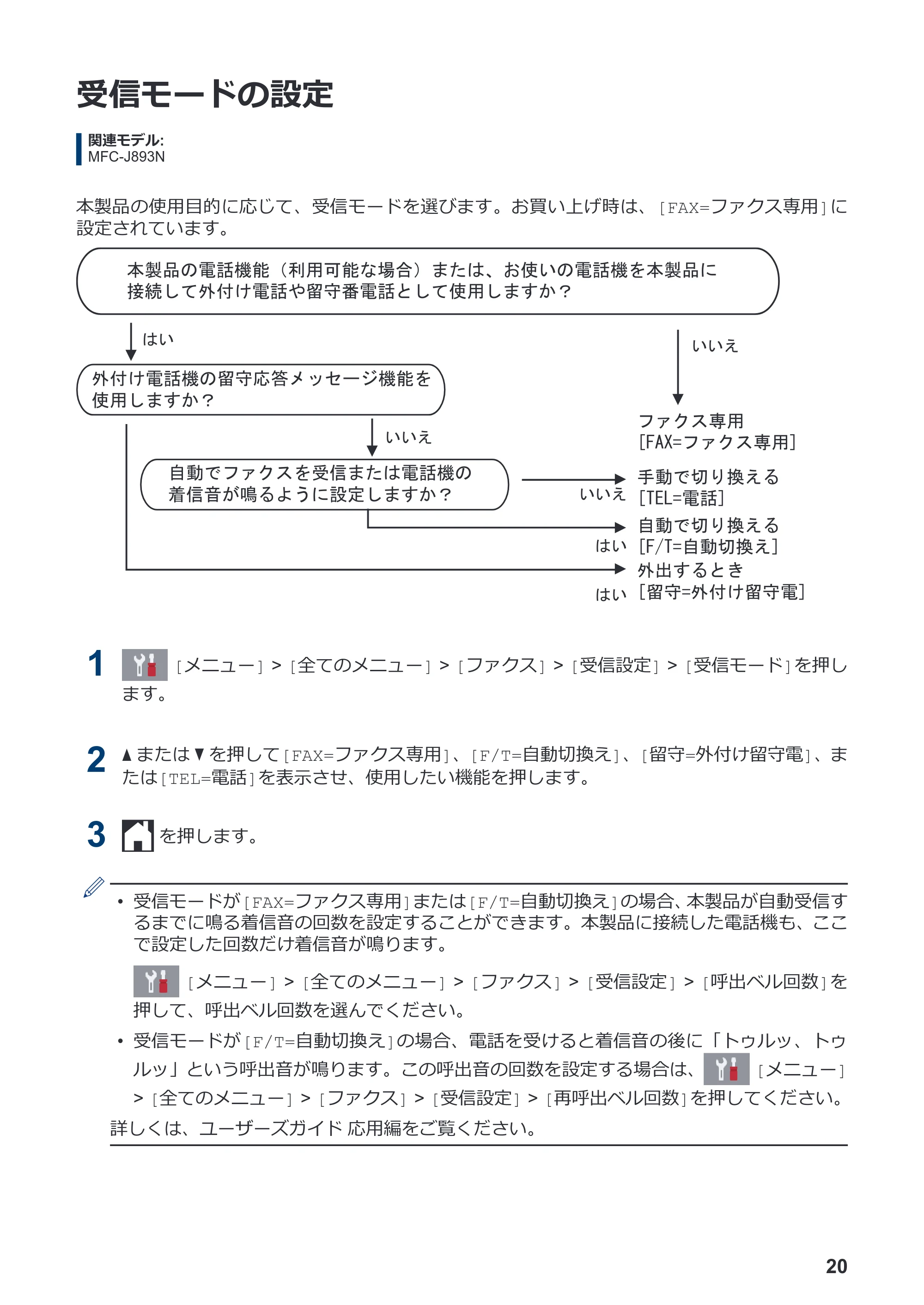 ブラザー DCP-J572N / DCP-J972N / DCP-J973N-B/W かんたん操作ガイド — 受信モードの設定 — 原本ページ — 21ページ