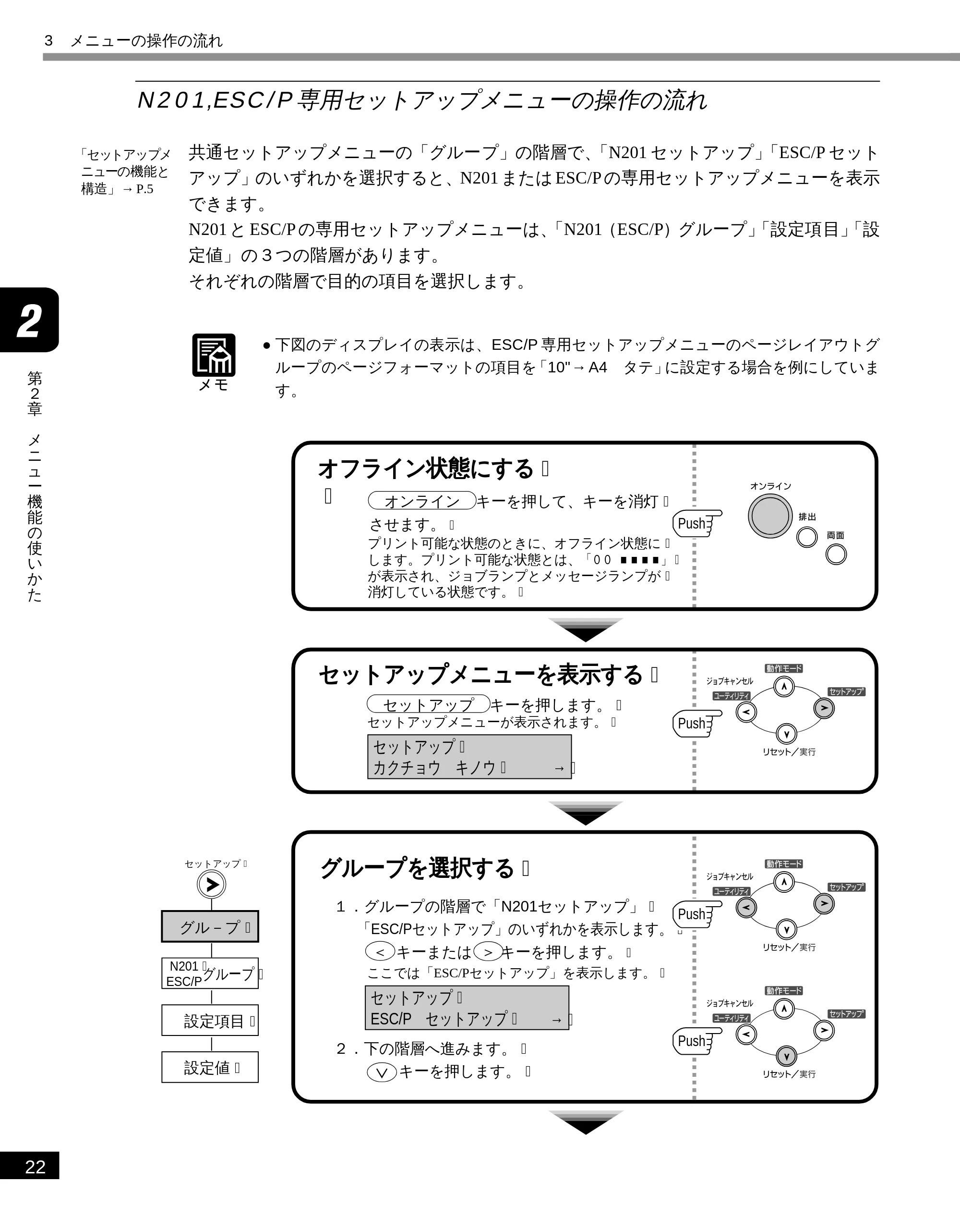 キヤノン LBP-1810 LIPS機能ガイド （PDF形式／3.76Mバイト） — N201,ESC/P 専用セットアップメニューの操作の流れ — 原本ページ — 34ページ