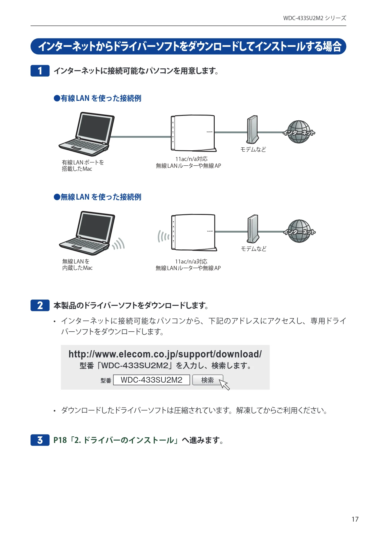 エレコム WDC-433SU2M2BK / WDC-433SU2M2WH 5.ユーザーズマニュアル(Mac版) — インターネットからドライバーソフトをダウンロードしてインストールする場合 — 図版 17-1 — 17ページ