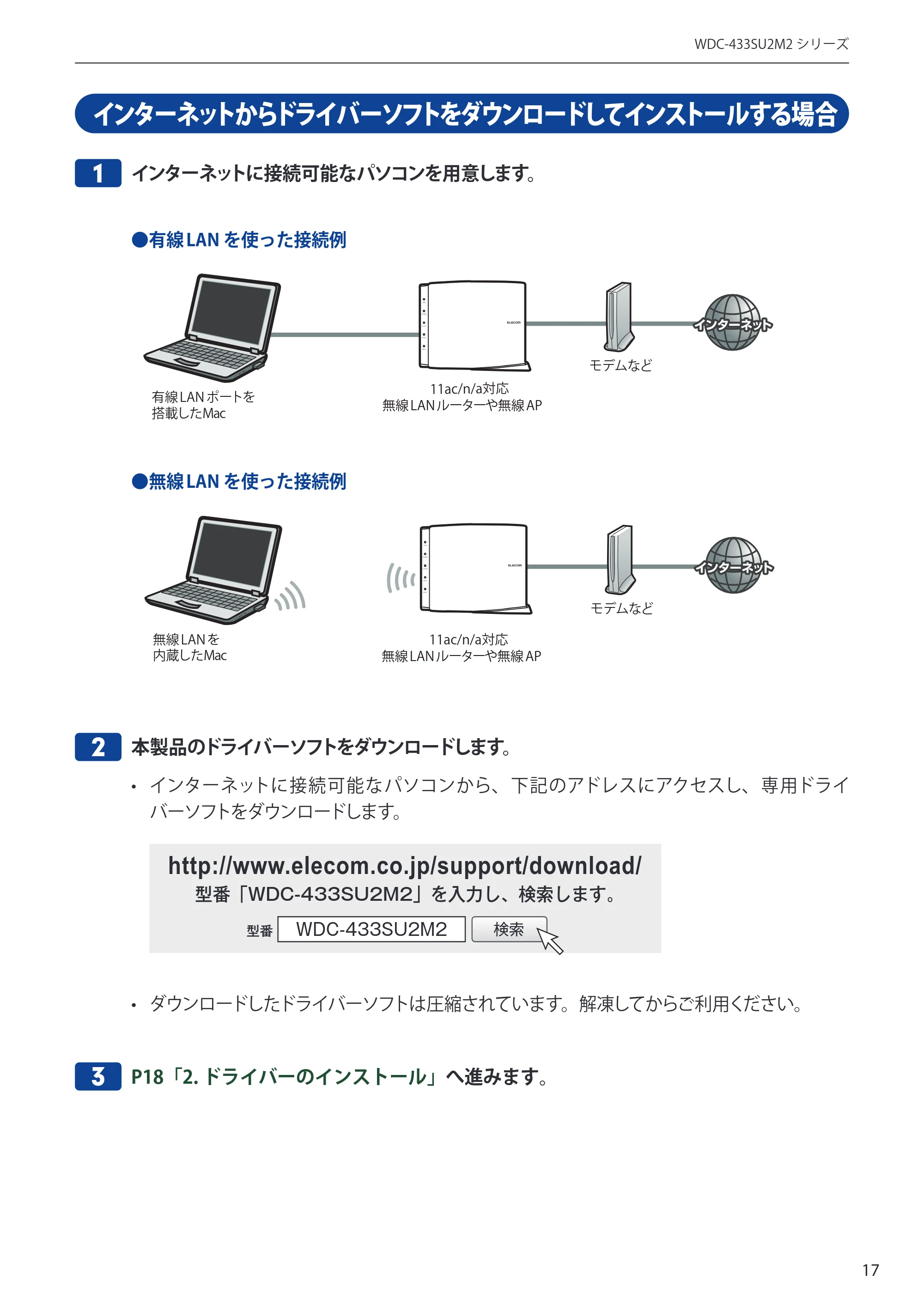 エレコム WDC-433SU2M2BK / WDC-433SU2M2WH 5.ユーザーズマニュアル(Mac版) — インターネットからドライバーソフトをダウンロードしてインストールする場合 — 原本ページ — 17ページ