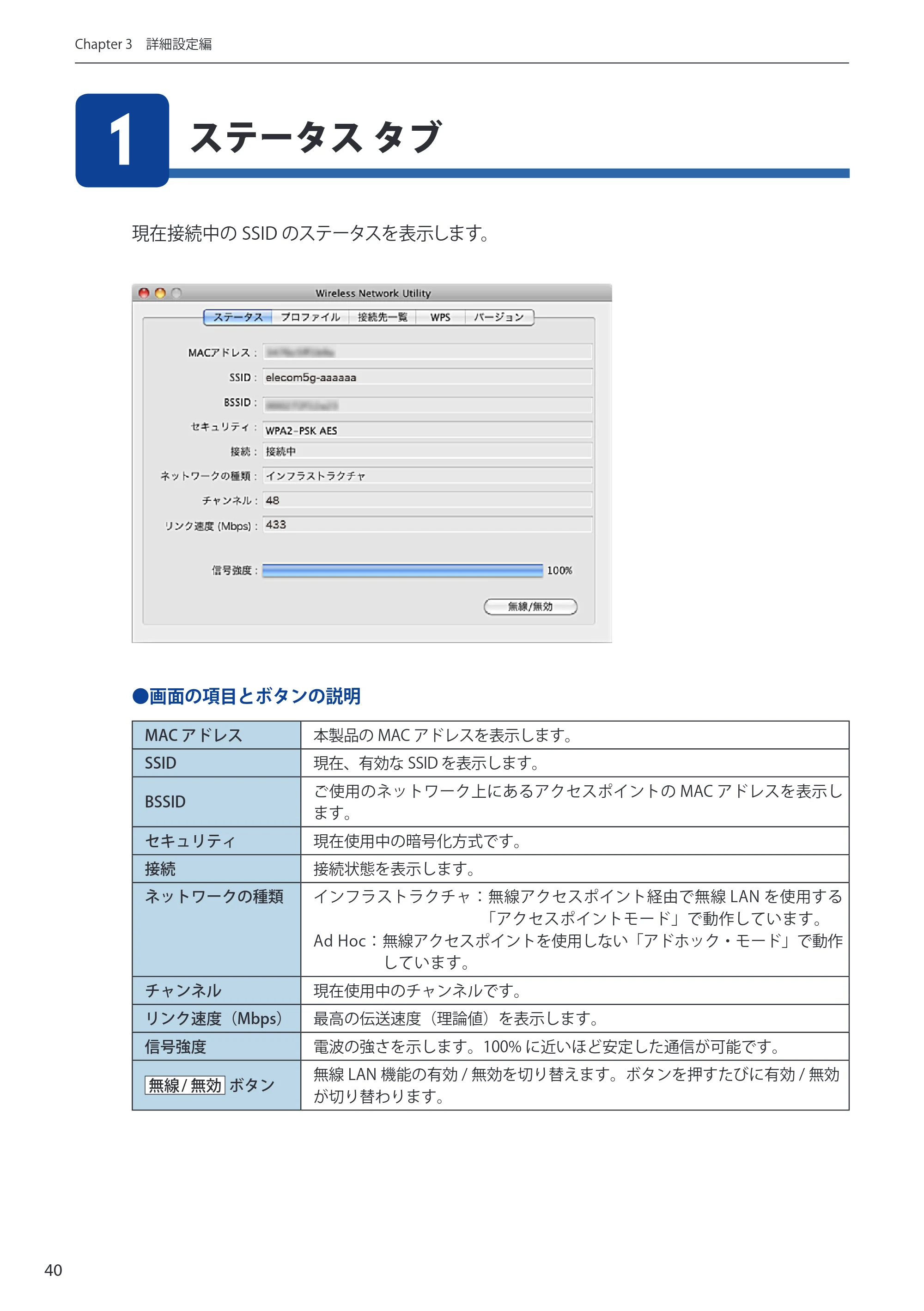 エレコム WDC-433SU2M2BK / WDC-433SU2M2WH 5.ユーザーズマニュアル(Mac版) — ステータス タブ 1 — 原本ページ — 40ページ