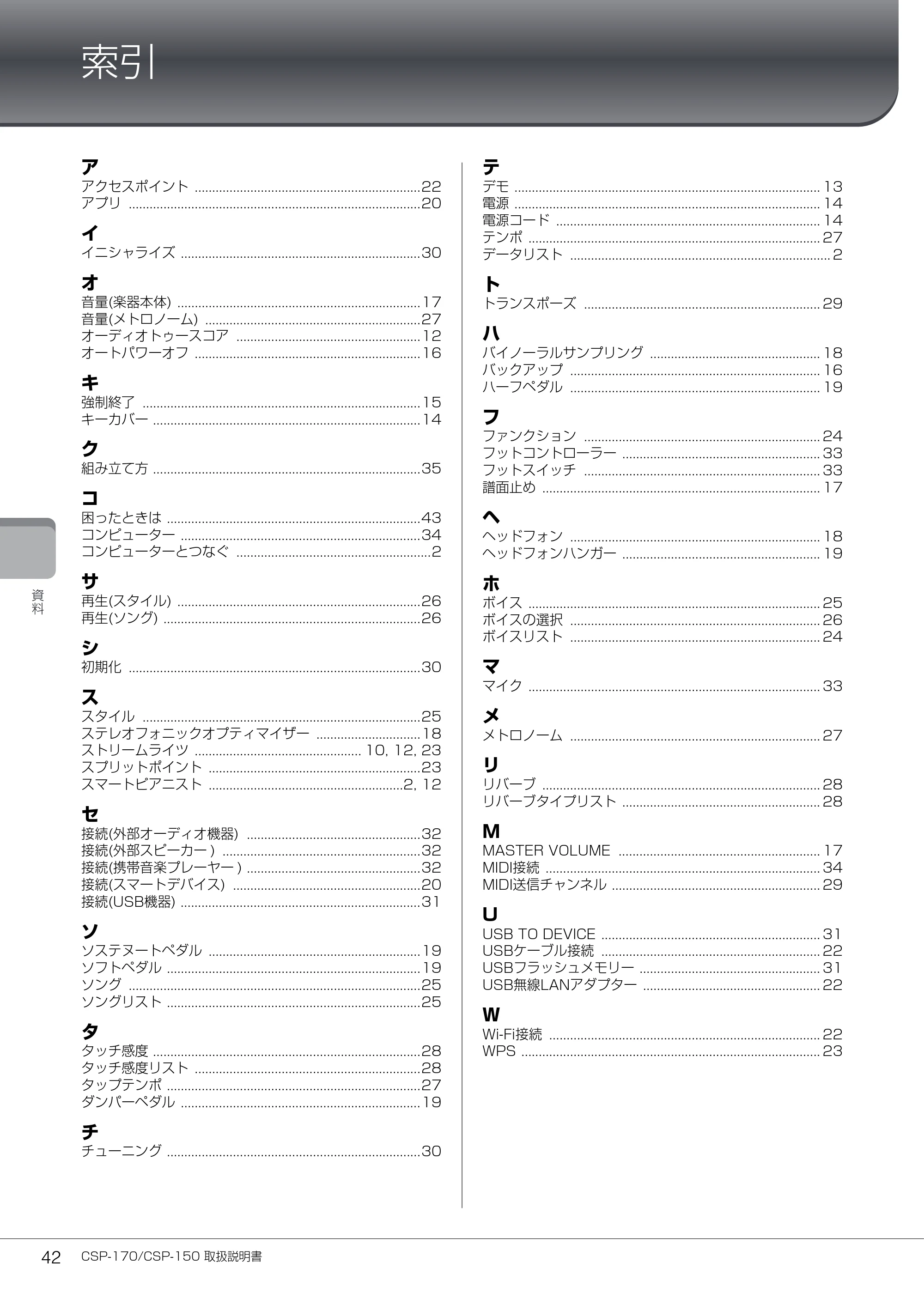 ヤマハ CSP-170 / CSP-150 CSP-170/CSP-150 取扱説明書 — 索引 — 原本ページ — 42ページ
