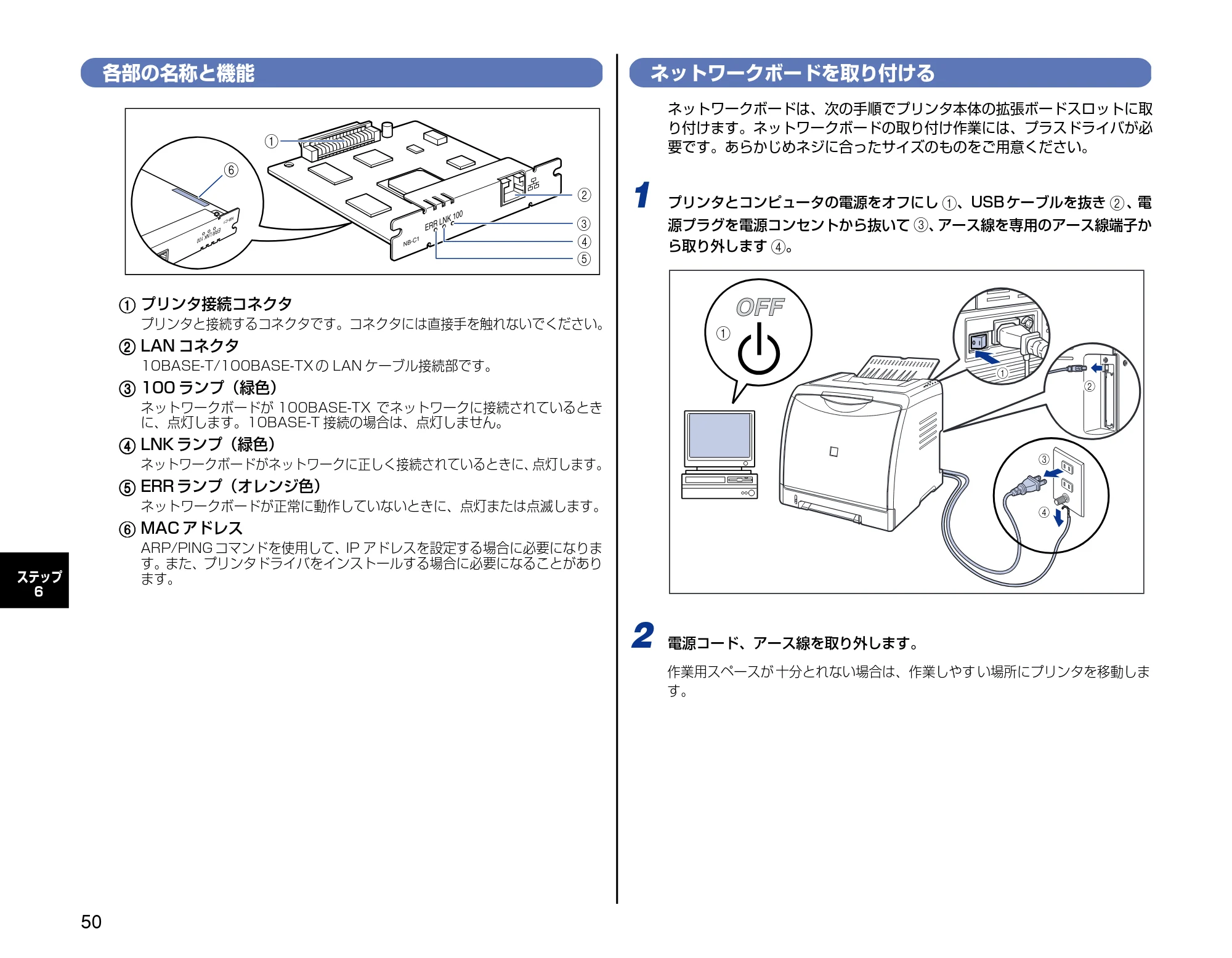 キヤノン LBP5000 設置時にお読みください 2007年7月9日更新 (PDF形式/3.56Mバイト) — 各部の名称と機能 — 原本ページ — 50ページ