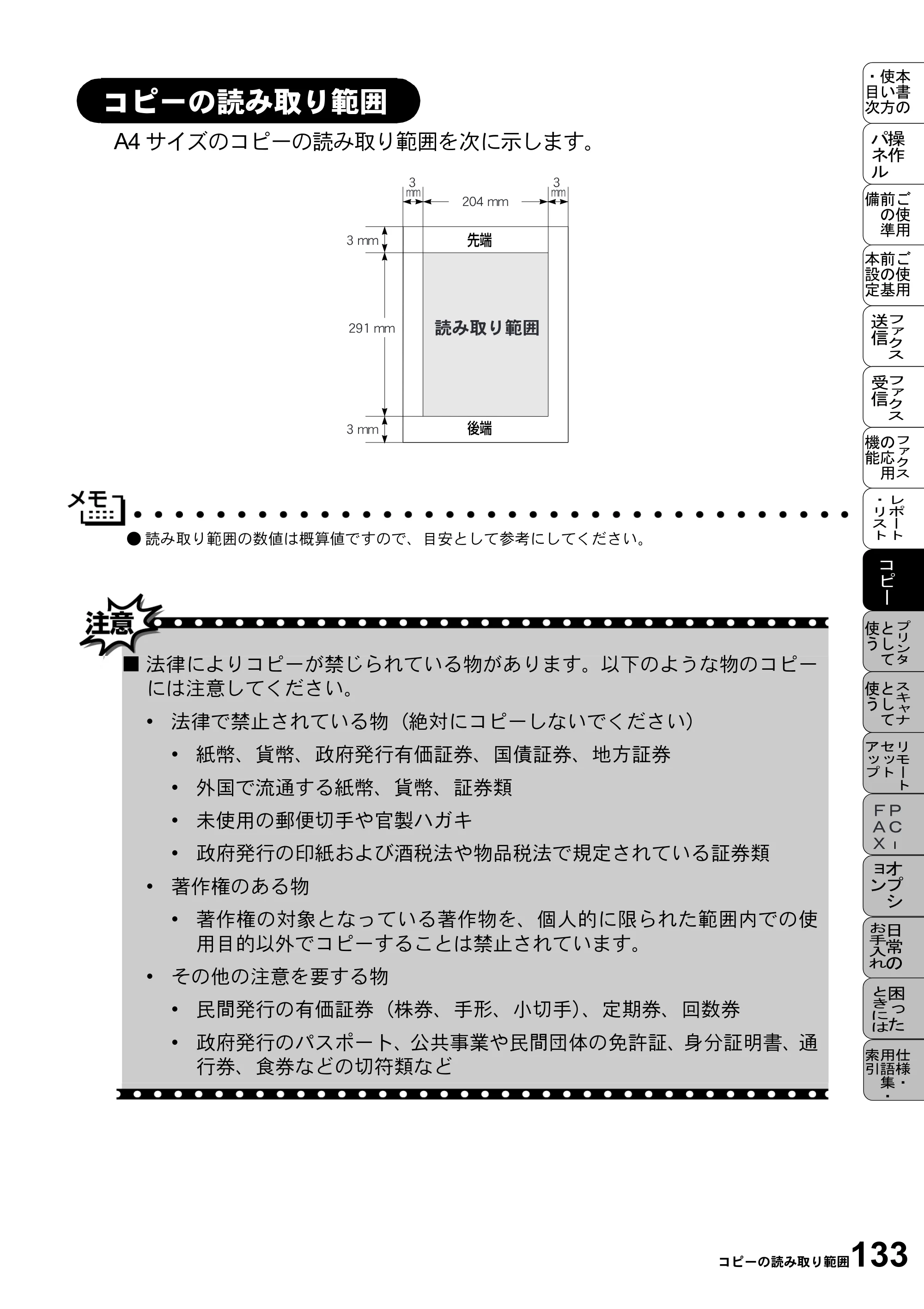 ブラザー MFC-9800J 取扱説明書（本体） — コピーの読み取り範囲 — 原本ページ — 155ページ