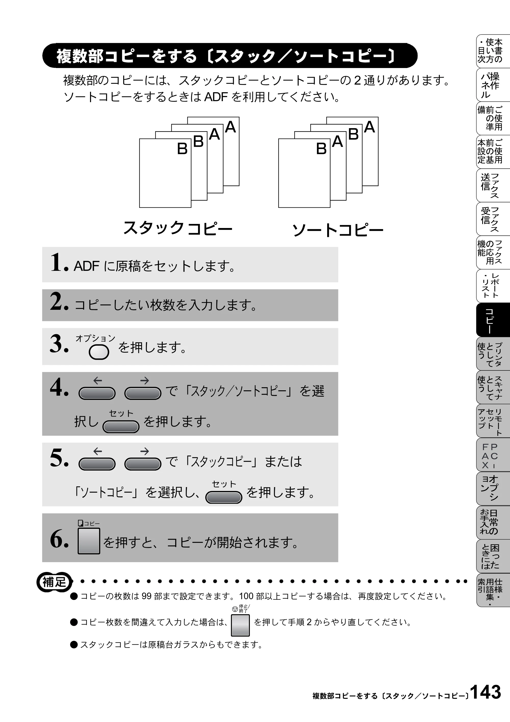 ブラザー MFC-9800J 取扱説明書（本体） — 複数部コピーをする〔スタック／ソートコピー〕 — 原本ページ — 165ページ