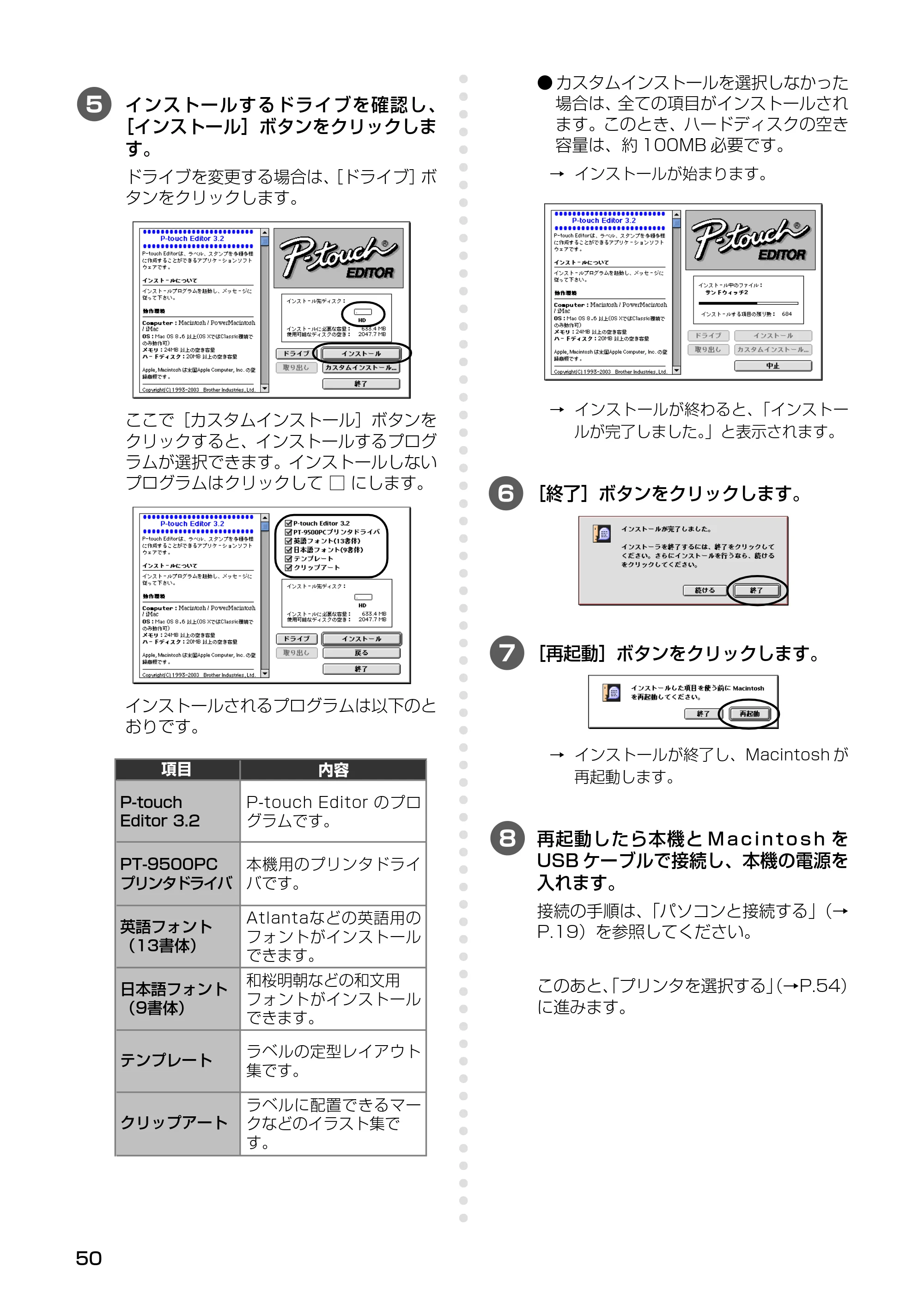 ブラザー PT-9500pc クイックリファレンスガイド — プリンタドライバだけインストールするとき — 原本ページ — 52ページ