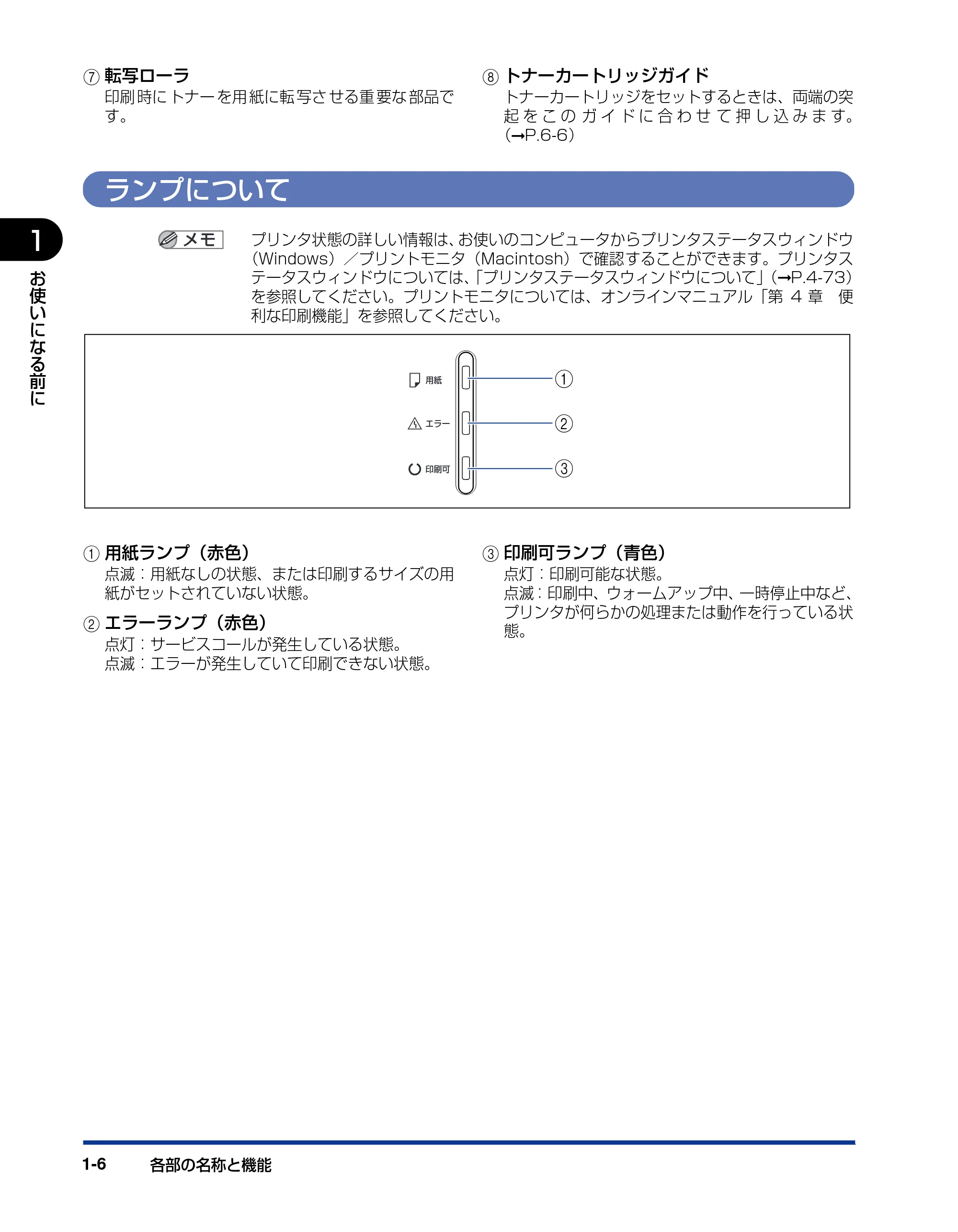 キヤノン LBP3600 ユーザーズガイド 2006年5月25日更新 (PDF形式/18.7Mバイト) — ランプについて — 原本ページ — 26ページ