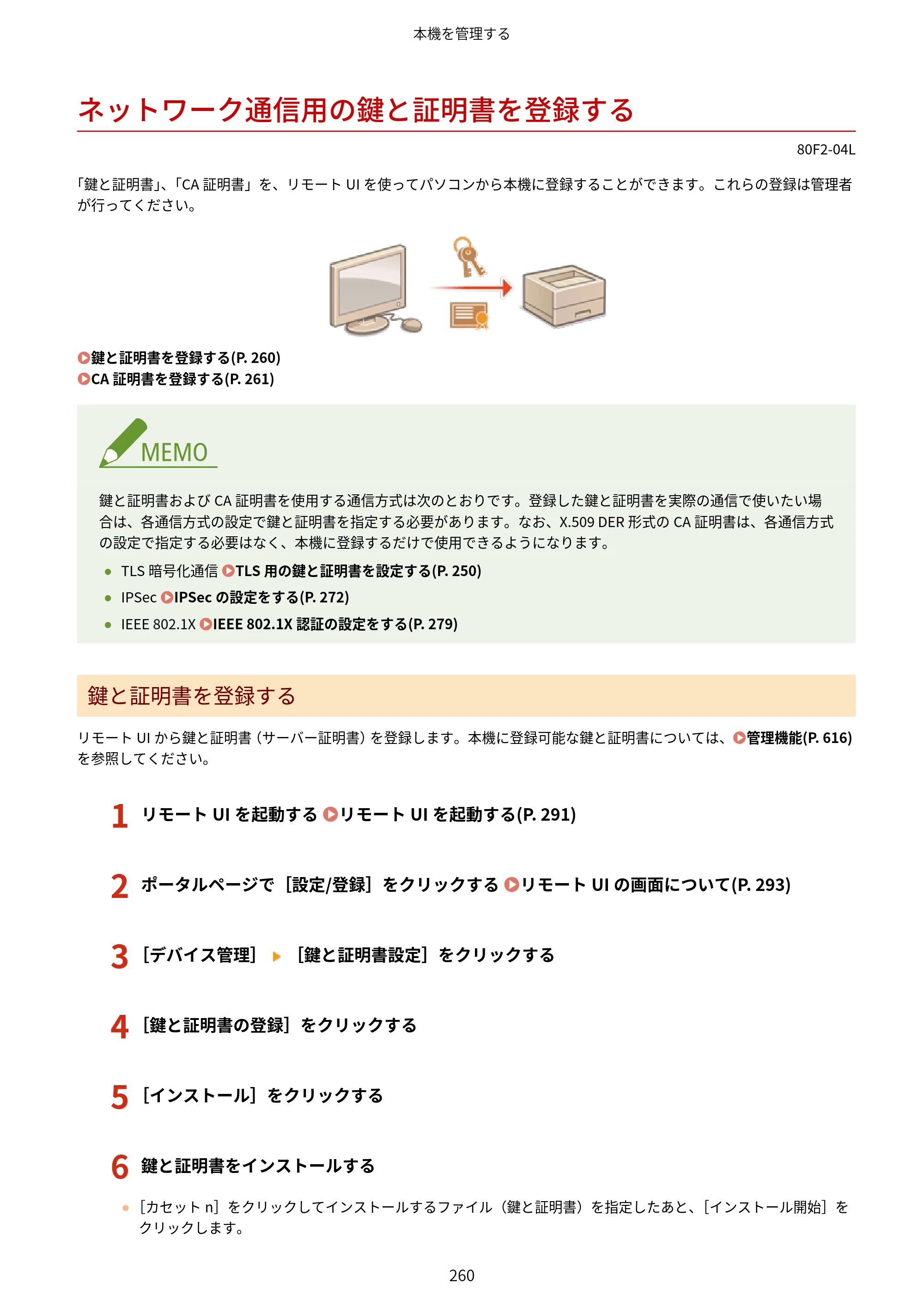 キヤノン LBP453i・LBP452・LBP451・LBP451e・LBP411 ユーザーズガイド 2026年6月25日更新（PDF：7.19MB） — ネットワーク通信用の鍵と証明書を登録する — 原本ページ — 268ページ