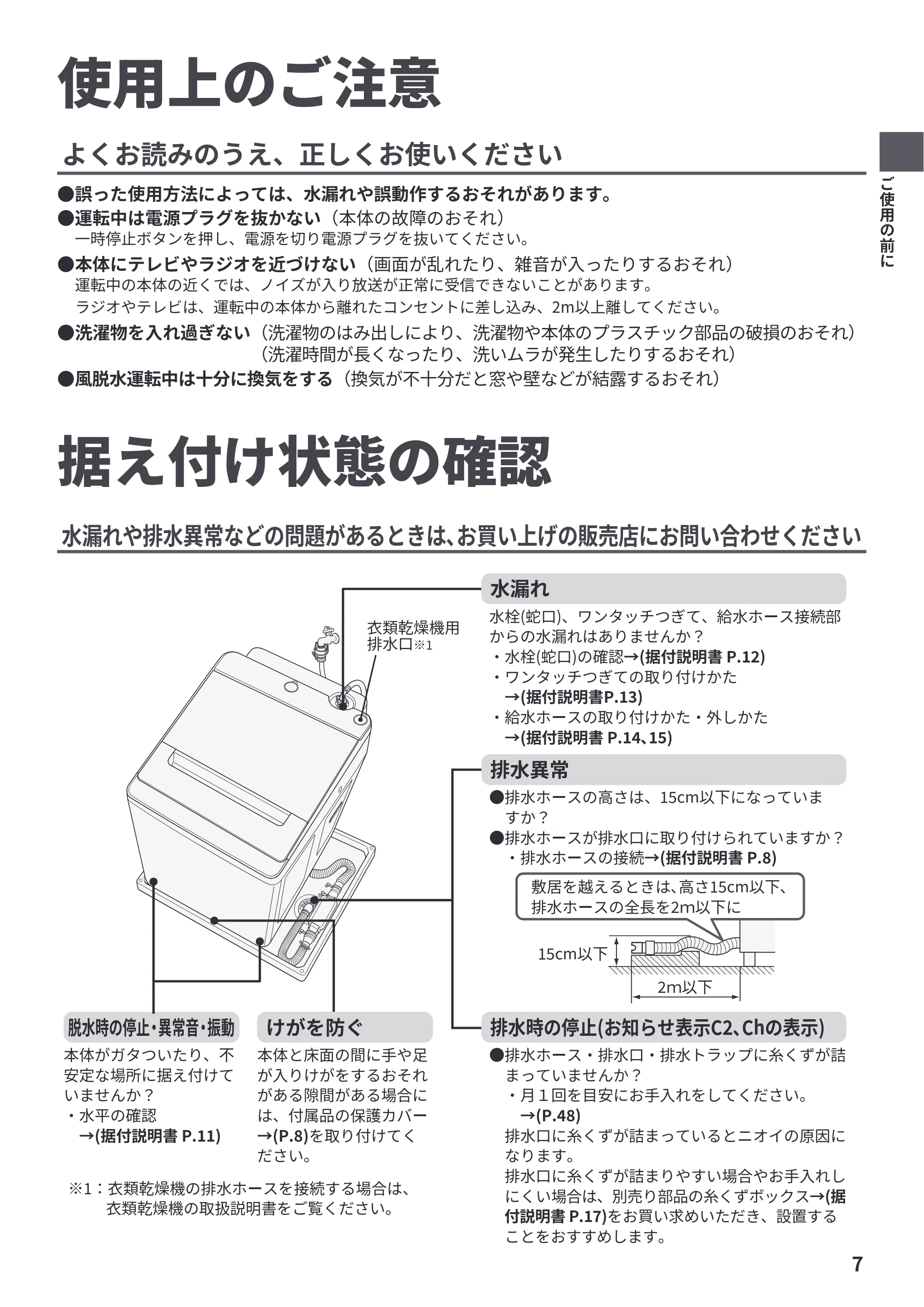 日立 BW-V100PE6 / BW-V80PE6 取扱説明書 — 使用上のご注意 — 原本ページ — 7ページ