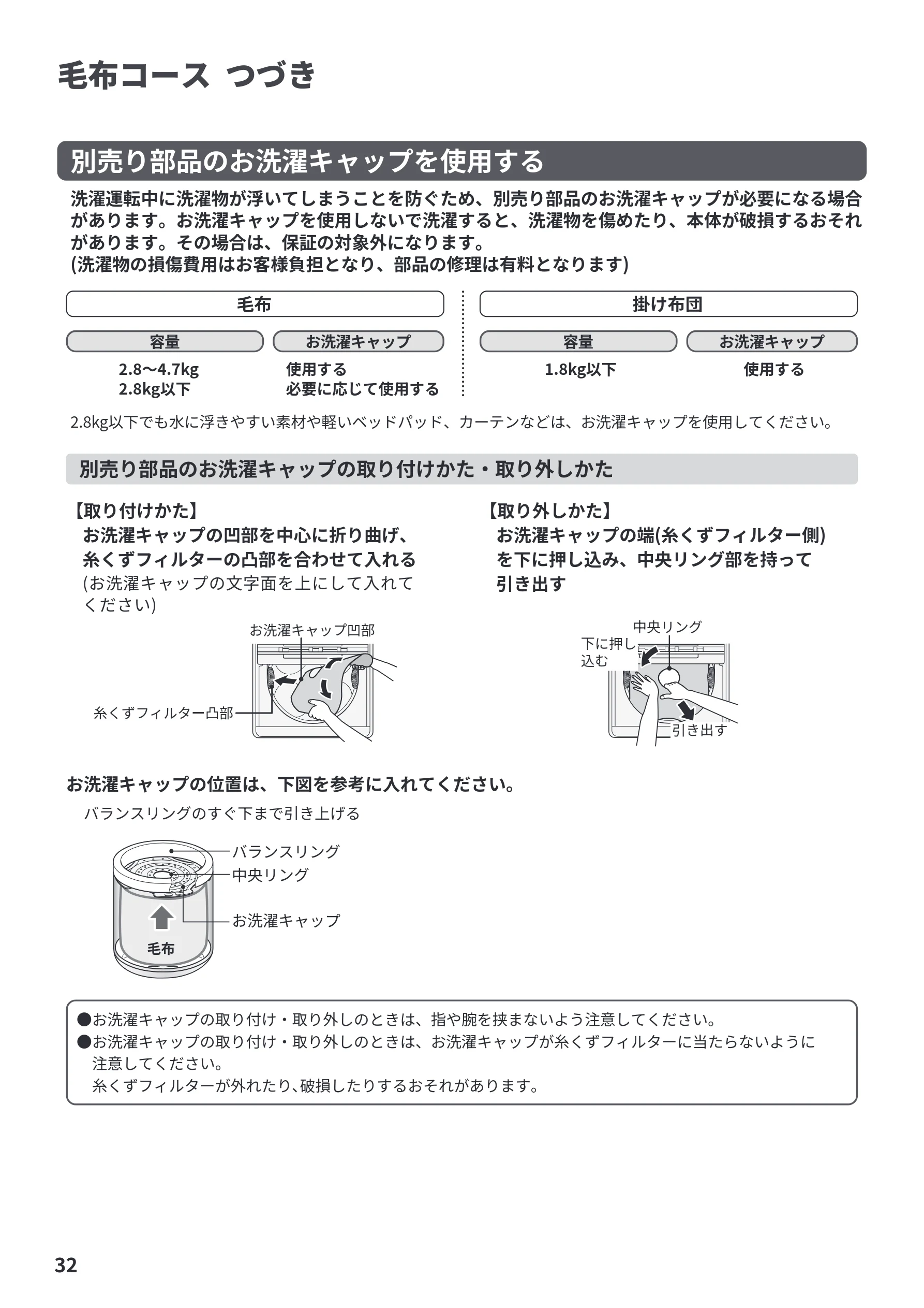 日立 BW-V100PE6 / BW-V80PE6 取扱説明書 — 毛布コース つづき — 図版 32-1 — 32ページ