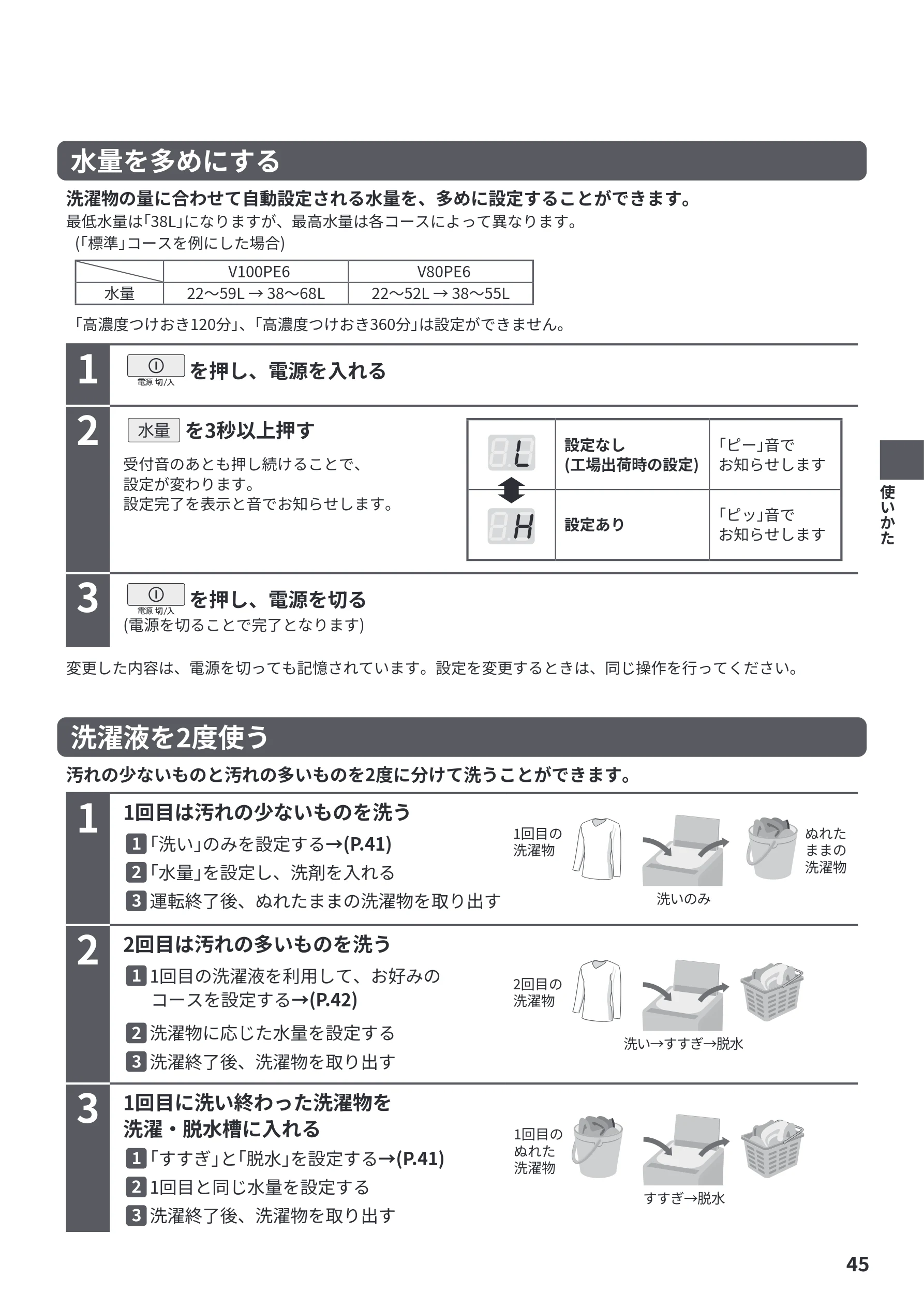 日立 BW-V100PE6 / BW-V80PE6 取扱説明書 — 水量を多めにする — 図版 45-1 — 45ページ