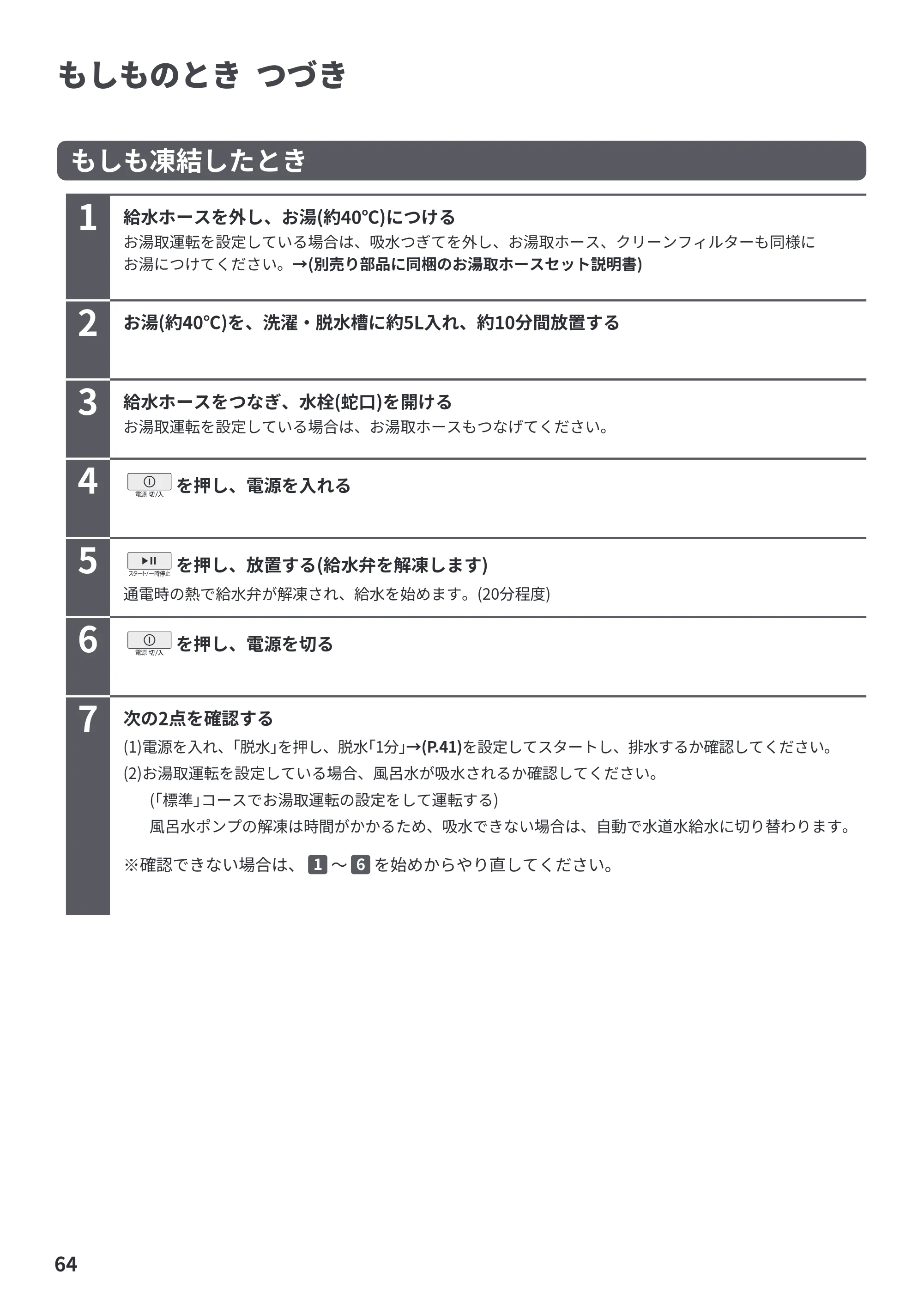 日立 BW-V100PE6 / BW-V80PE6 取扱説明書 — もしものとき つづき — 原本ページ — 64ページ