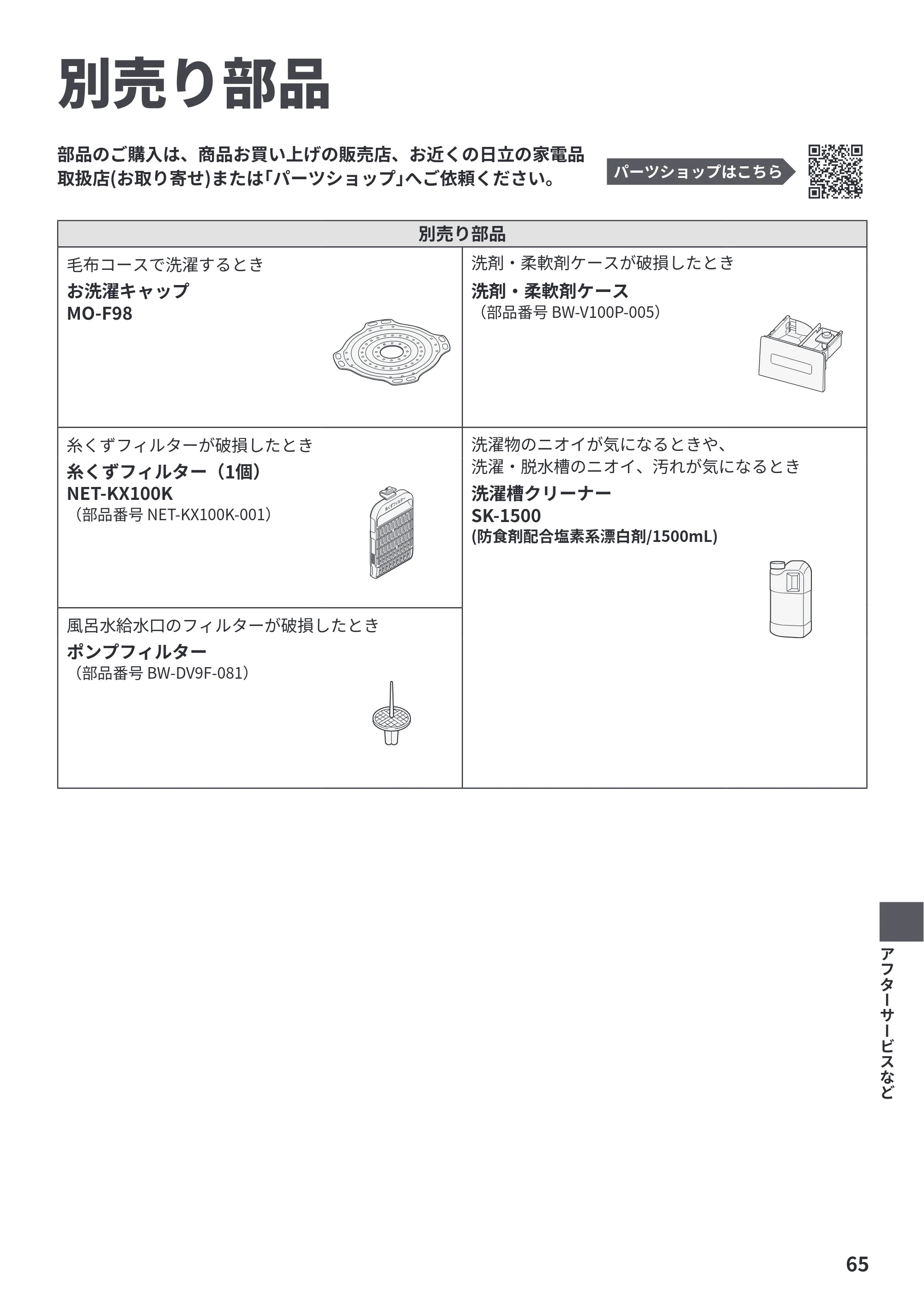 日立 BW-V100PE6 / BW-V80PE6 取扱説明書 — 別売り部品 — 原本ページ — 65ページ