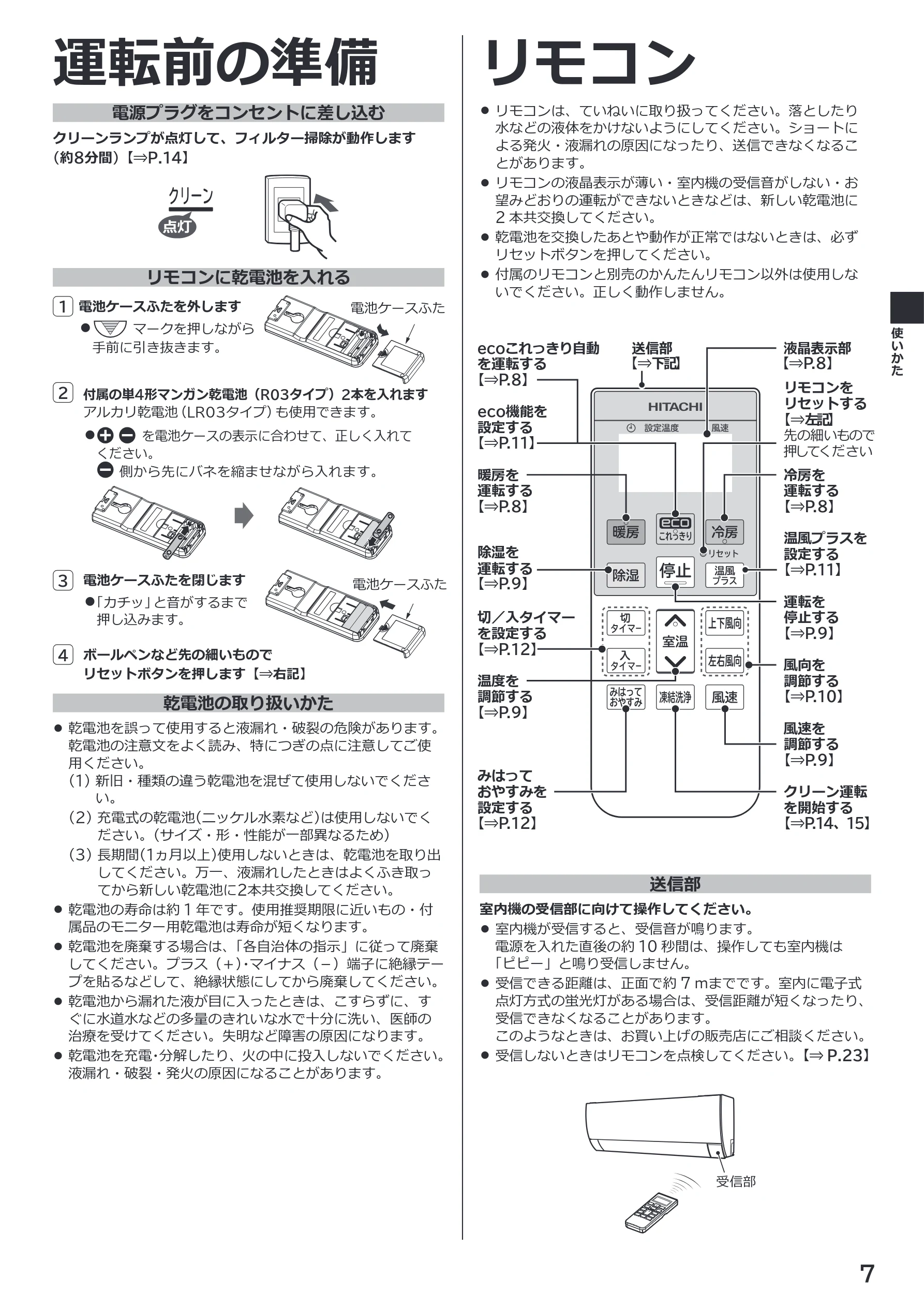 日立 RAS-RK2227S / RAS-RK2527S / RAS-RK2827S 取扱説明書 — 運転前の準備 — 図版 7-1 — 7ページ