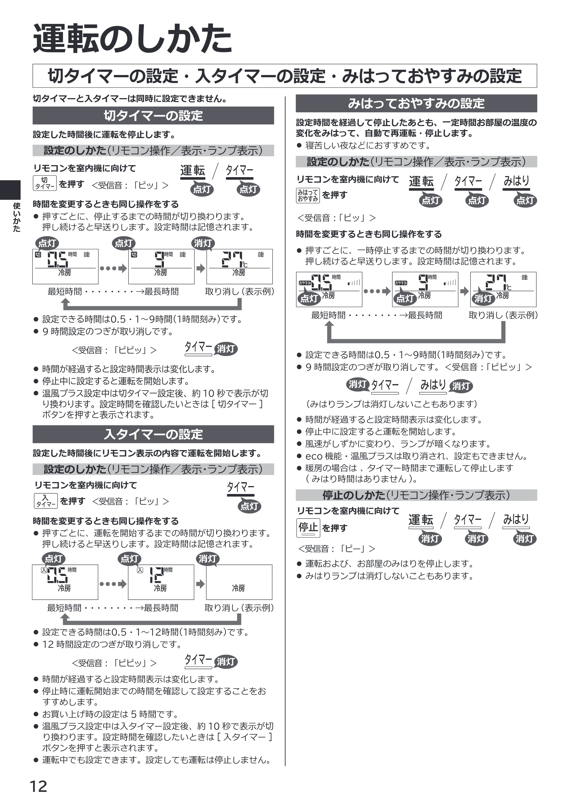 日立 RAS-RK2227S / RAS-RK2527S / RAS-RK2827S 取扱説明書 — 切タイマーの設定・入タイマーの設定・みはっておやすみの設定 — 原本ページ — 12ページ