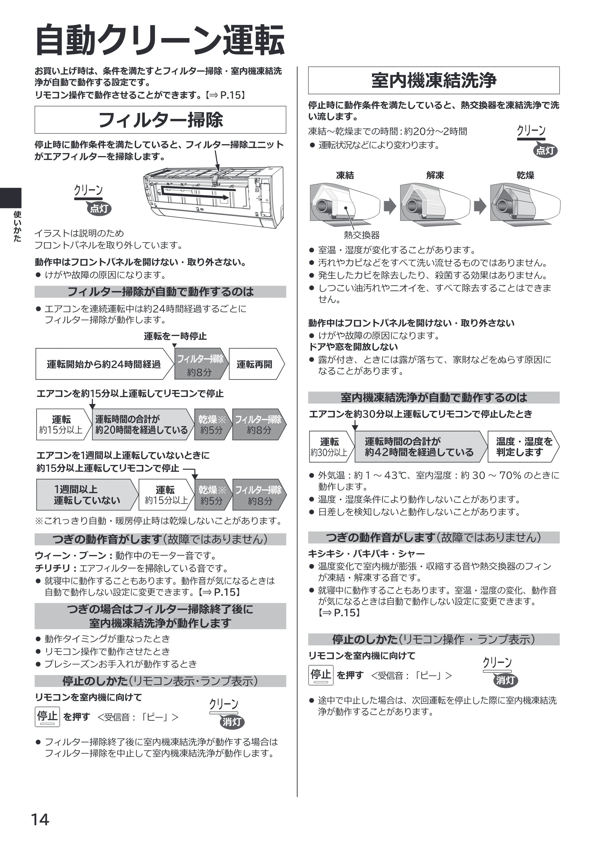 日立 RAS-RK2227S / RAS-RK2527S / RAS-RK2827S 取扱説明書 — 自動クリーン運転 — 原本ページ — 14ページ