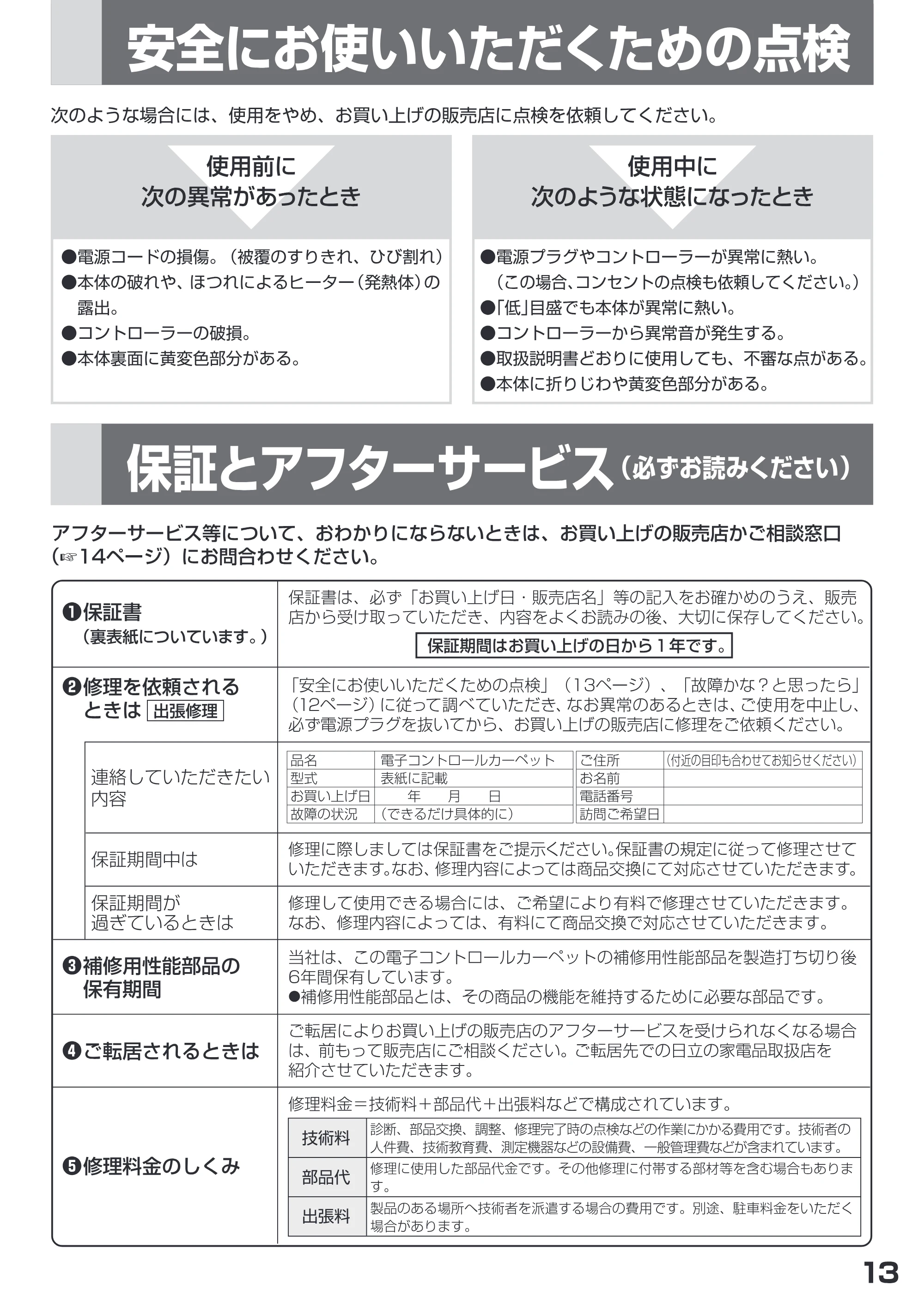 日立 HLU-3008YX / HLU-2008YX 取扱説明書 — = トい _ . 保証とアフターサービスyzm<kau) — 原本ページ — 13ページ